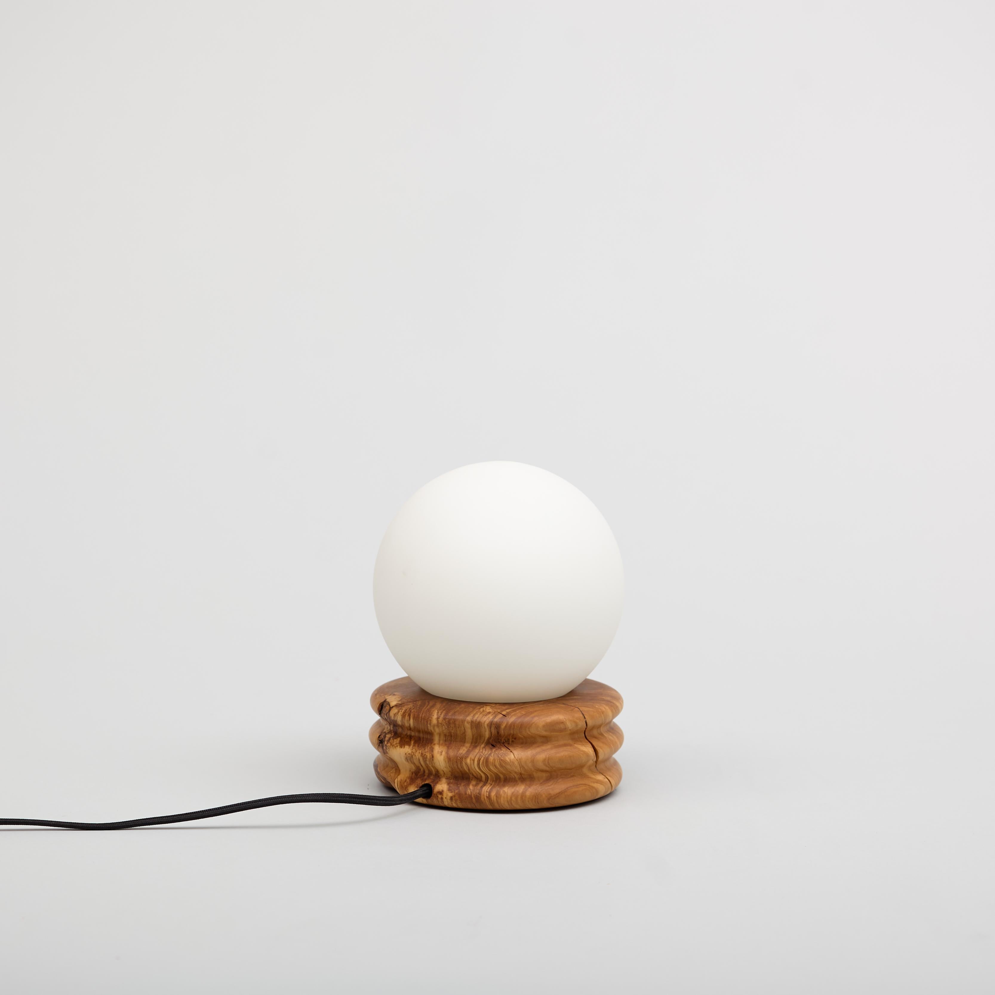 Hand-Crafted Olive Globe Table Lamp, Hand Turned Reclaimed Wood, MCM, Moon Lamp For Sale