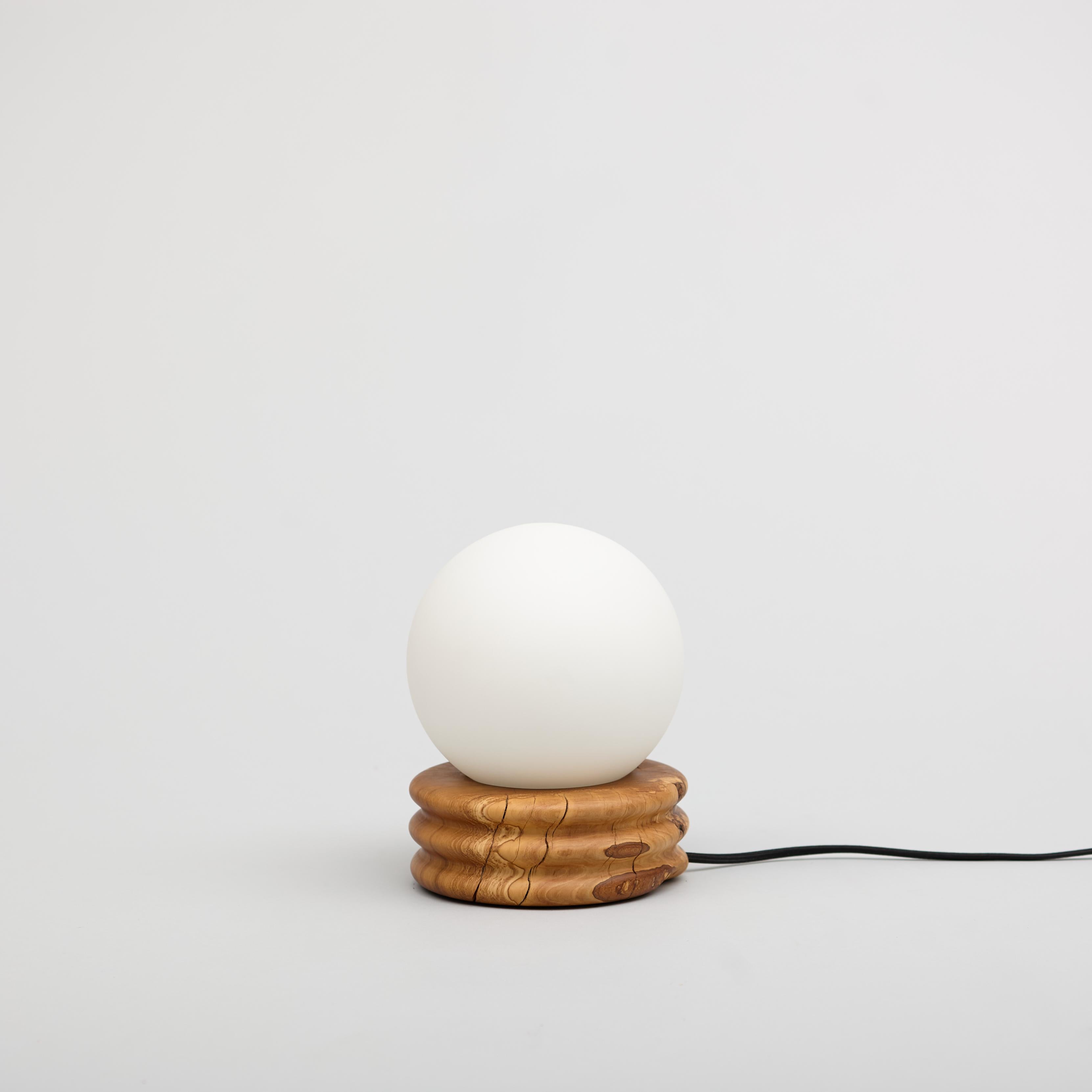 Contemporary Olive Globe Table Lamp, Hand Turned Reclaimed Wood, MCM, Moon Lamp For Sale