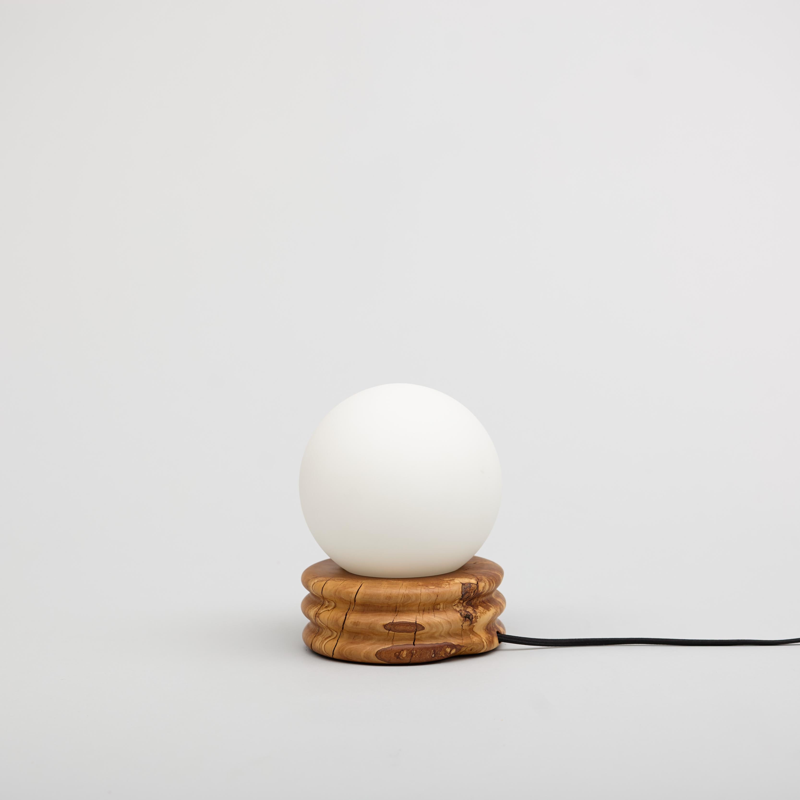 Olive Globe Table Lamp, Hand Turned Reclaimed Wood, MCM, Moon Lamp For Sale 1