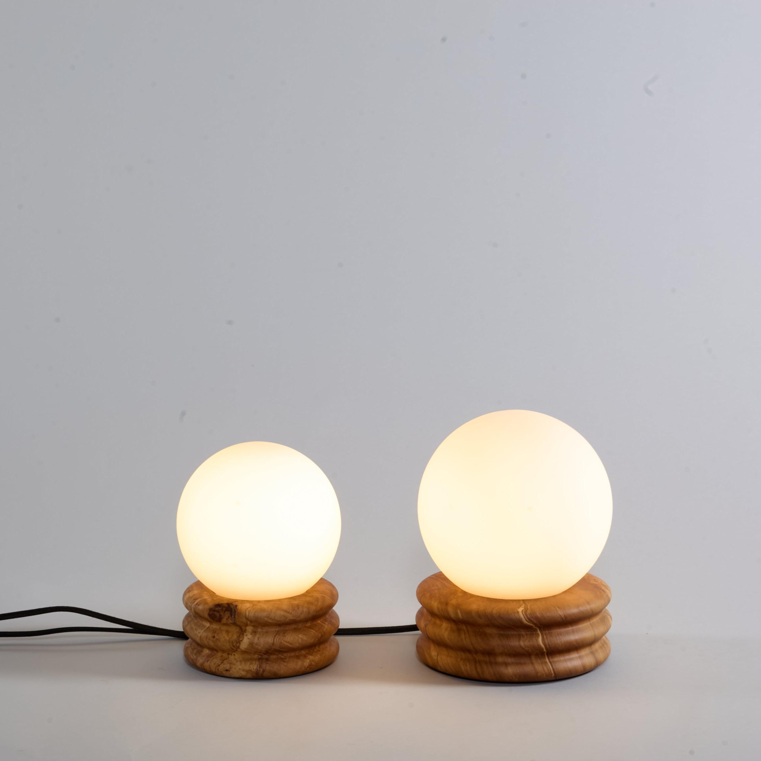 Olive Globe Table Lamp, Hand Turned Reclaimed Wood, MCM, Moon Lamp For Sale 2