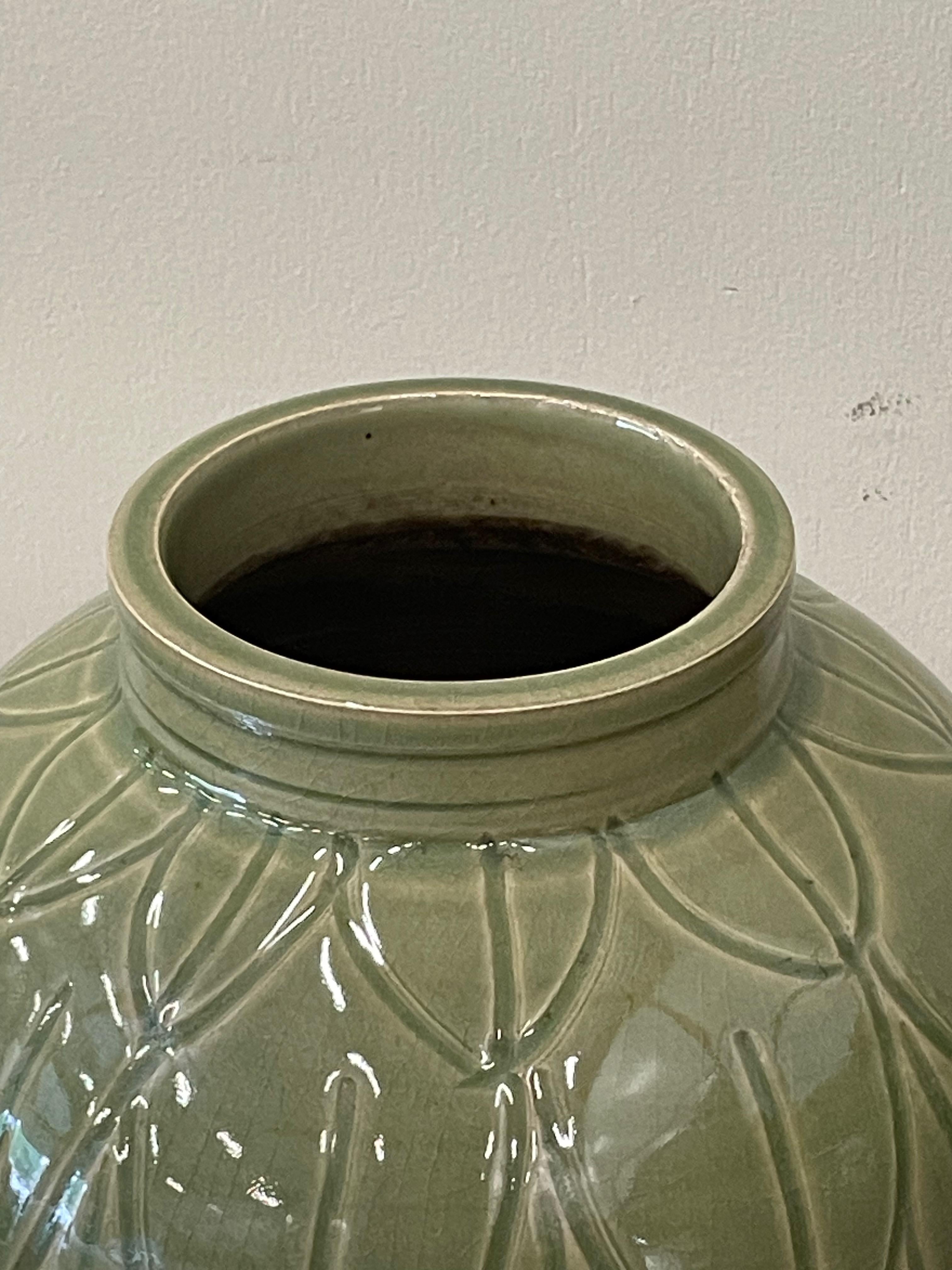 Chinese Olive Glossy Glazed Ribbed Pot Shape Vase, China, Contemporary For Sale