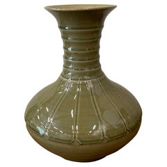 Olive Glossy Glazed Ribbed Vase, China, Contemporary