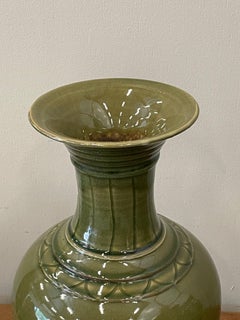 Contemporary Chinese Olive Glazed Tulip Vase, Vertical Ribbed Neck, 9" Diameter
