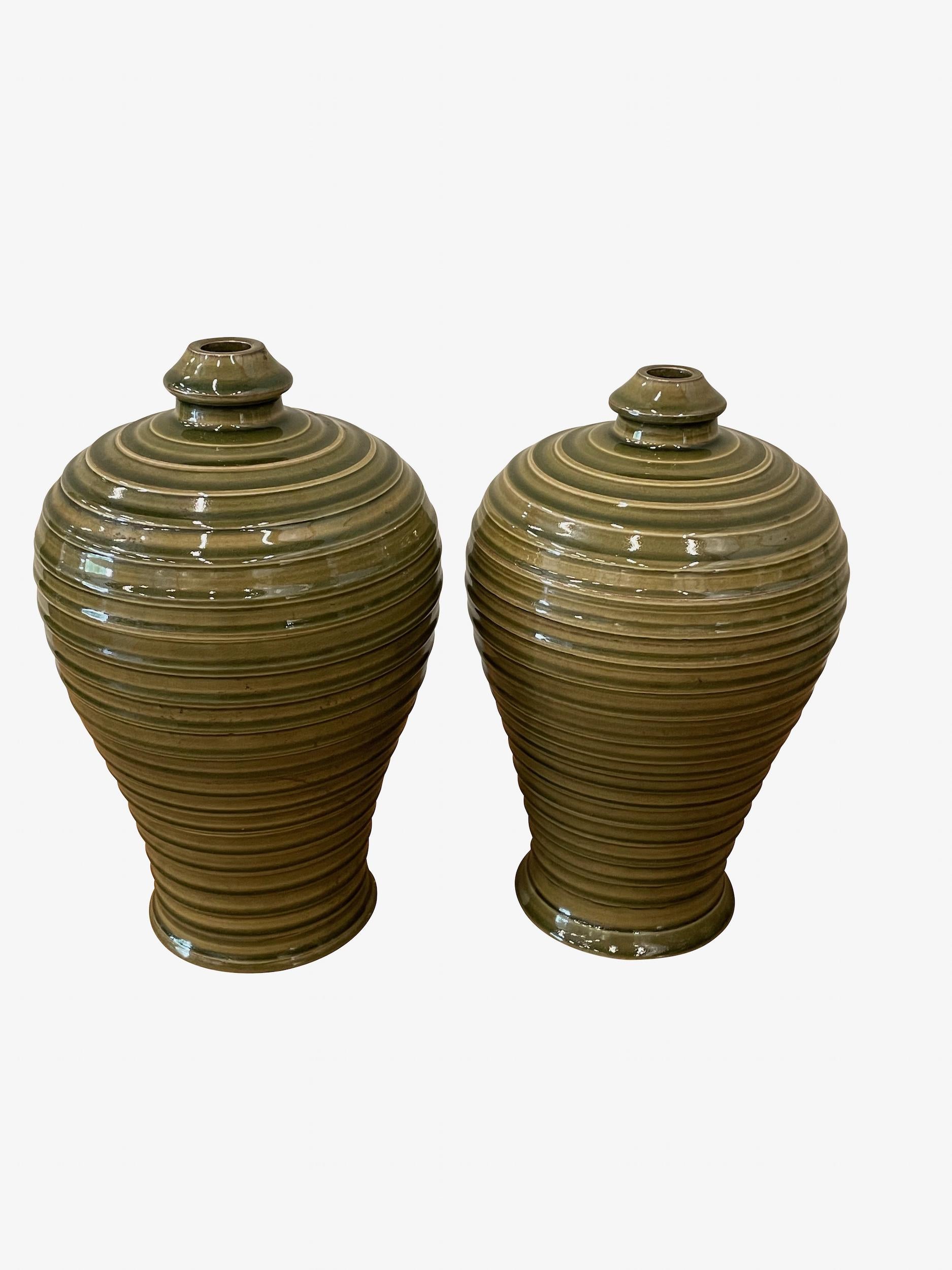 Chinese Olive Glossy Horizontal Ribbed Detail Vase, China, Contemporary For Sale
