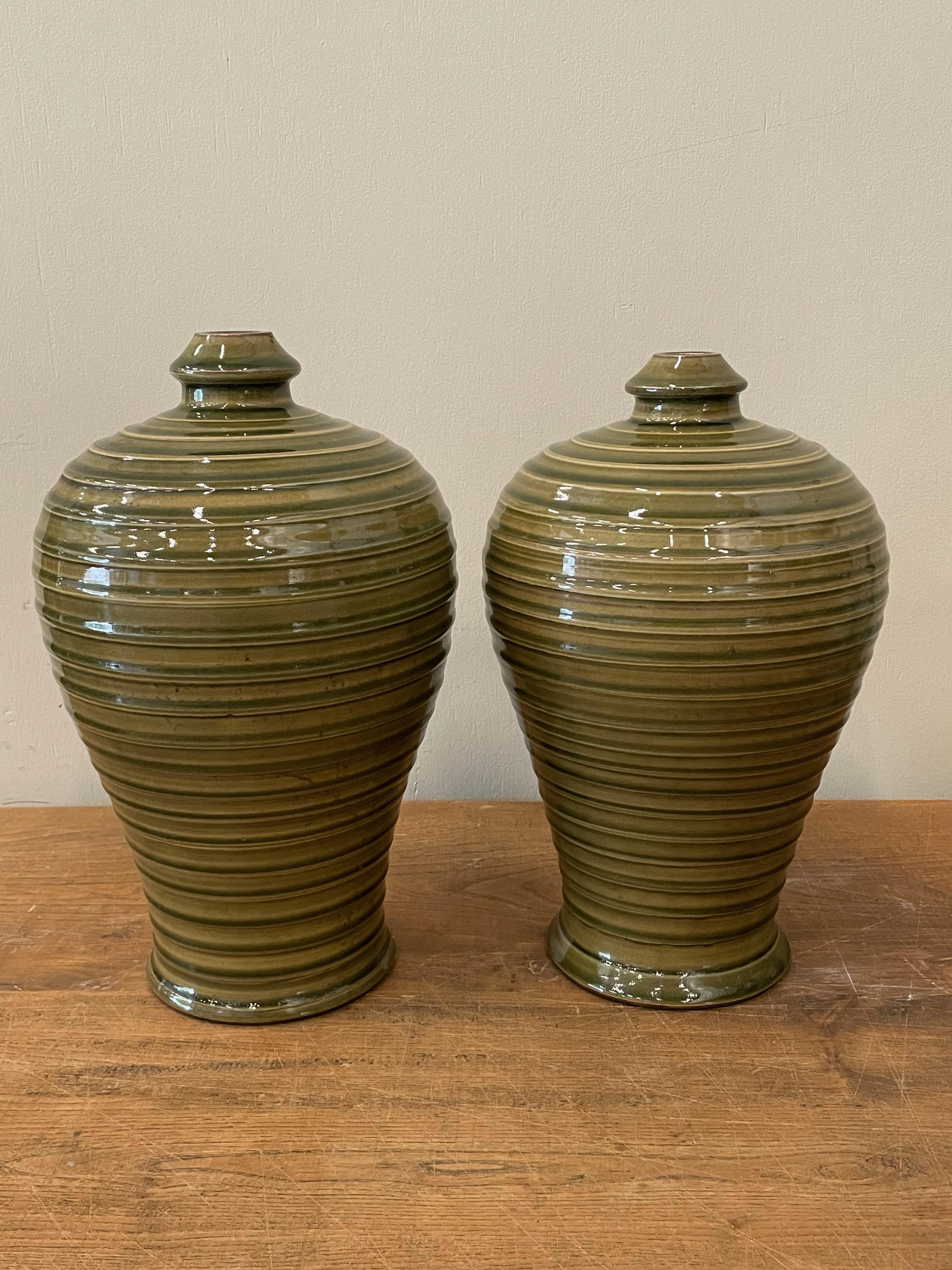 Olive Glossy Horizontal Ribbed Detail Vase, China, Contemporary In New Condition For Sale In New York, NY