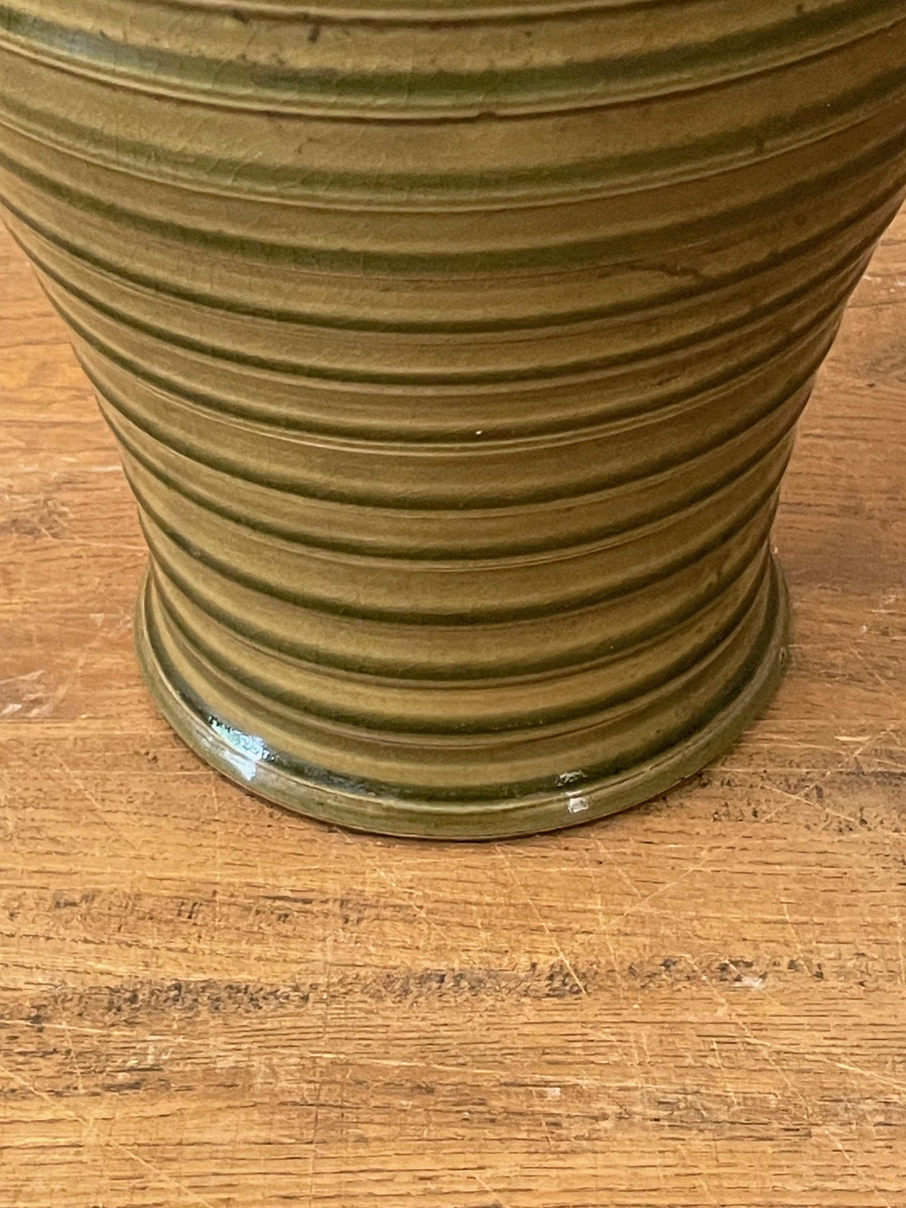 Ceramic Olive Glossy Horizontal Ribbed Detail Vase, China, Contemporary For Sale