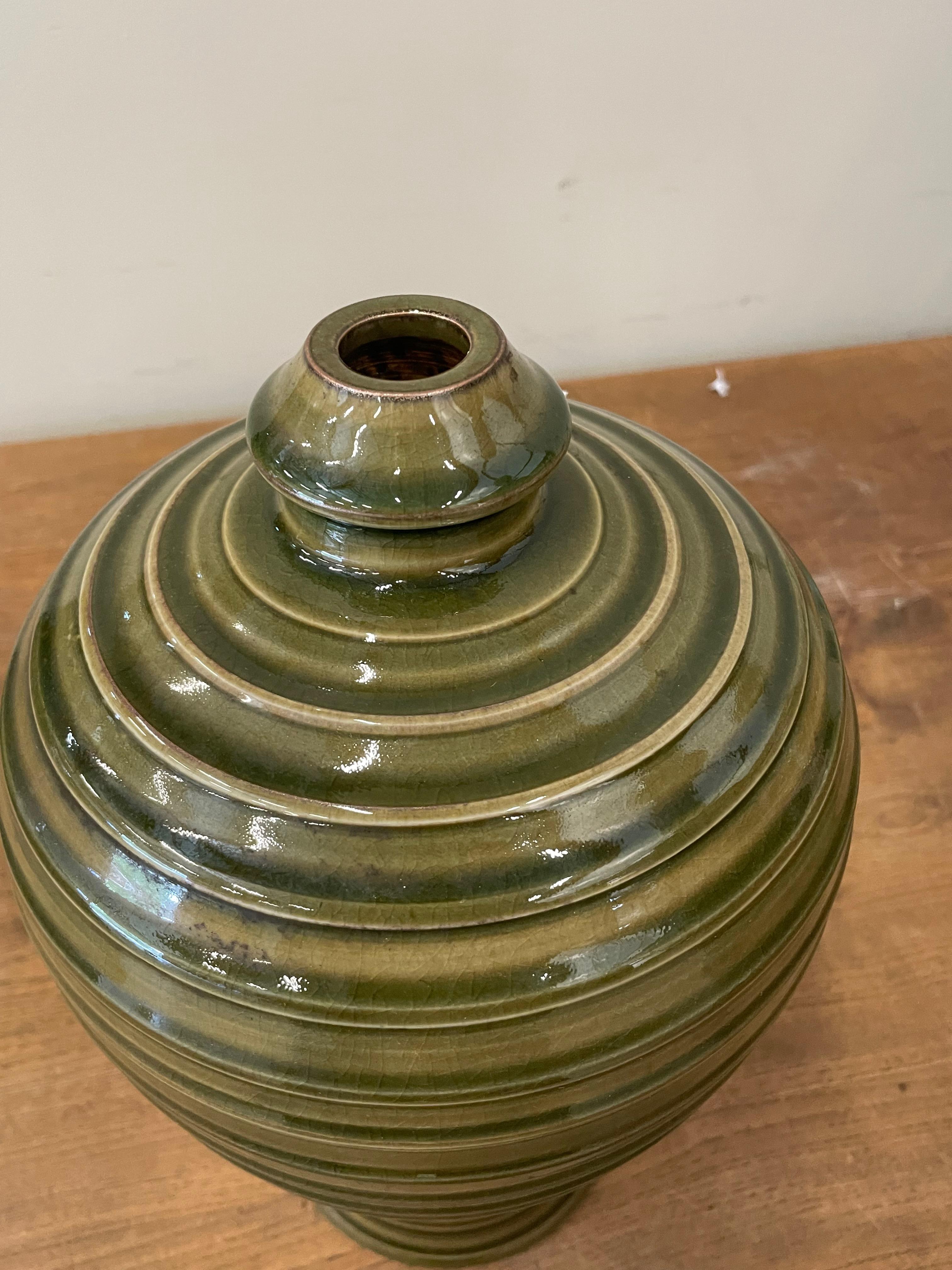 Olive Glossy Horizontal Ribbed Detail Vase, China, Contemporary For Sale 1