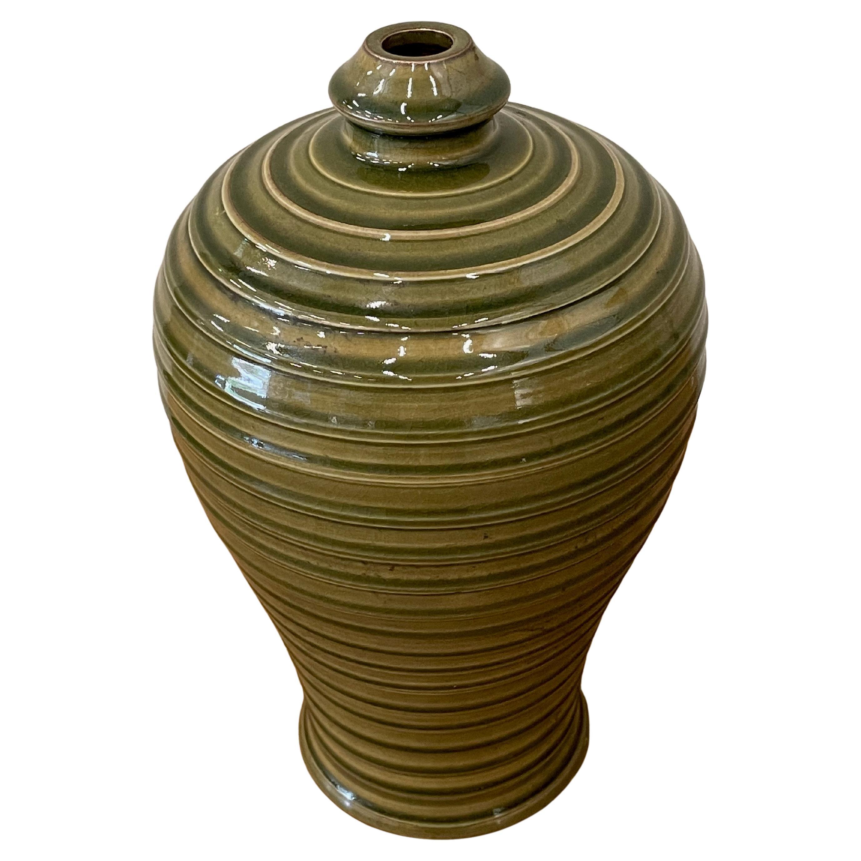 Olive Glossy Horizontal Ribbed Detail Vase, China, Contemporary