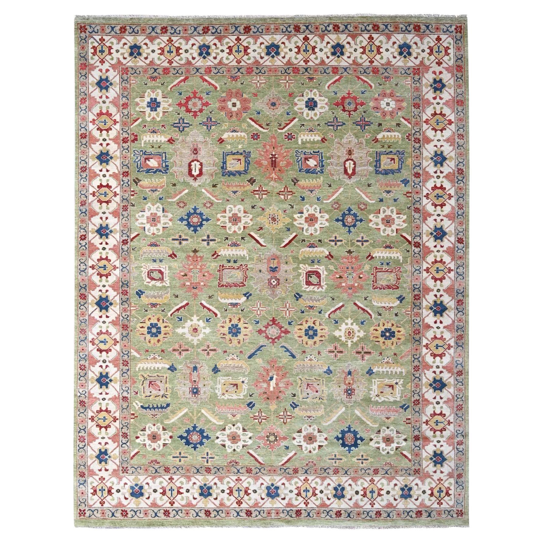 Alfombra de pura lana anudada a mano con diseño Heriz verde oliva 8'10" x 11'10