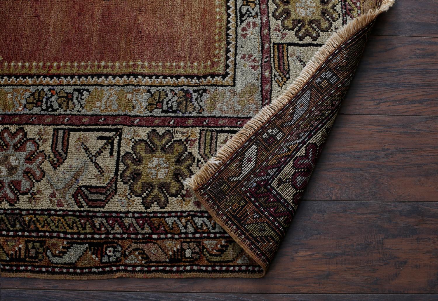Oushak Olive Green and Beige Handmade Wool Turkish Old Anatolian Konya Distressed Rug For Sale