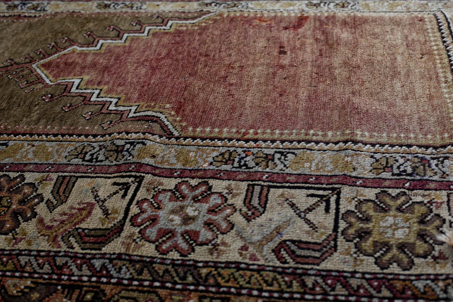 Hand-Knotted Olive Green and Beige Handmade Wool Turkish Old Anatolian Konya Distressed Rug For Sale