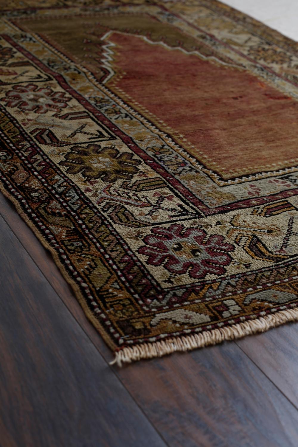 Olive Green and Beige Handmade Wool Turkish Old Anatolian Konya Distressed Rug In Excellent Condition For Sale In North Bergen, NJ