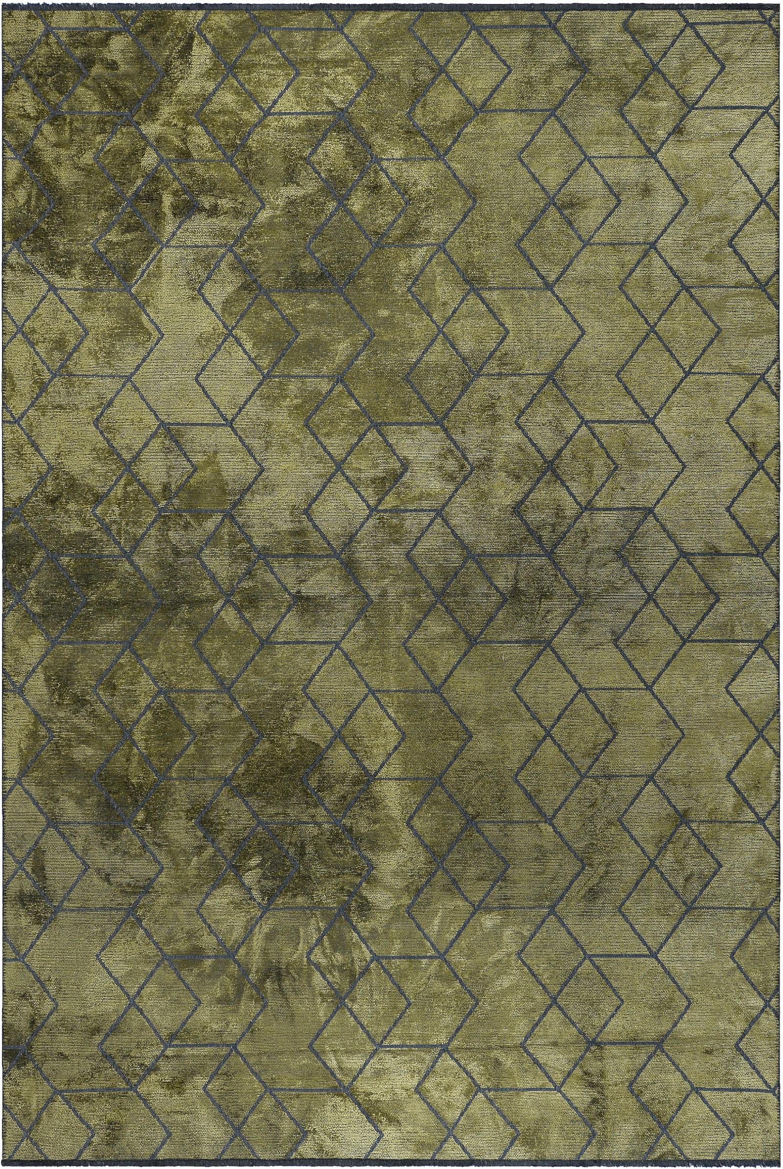 Alfombra suave de lujo con diseño geométrico 3D contemporáneo en verde oliva y gris oscuro