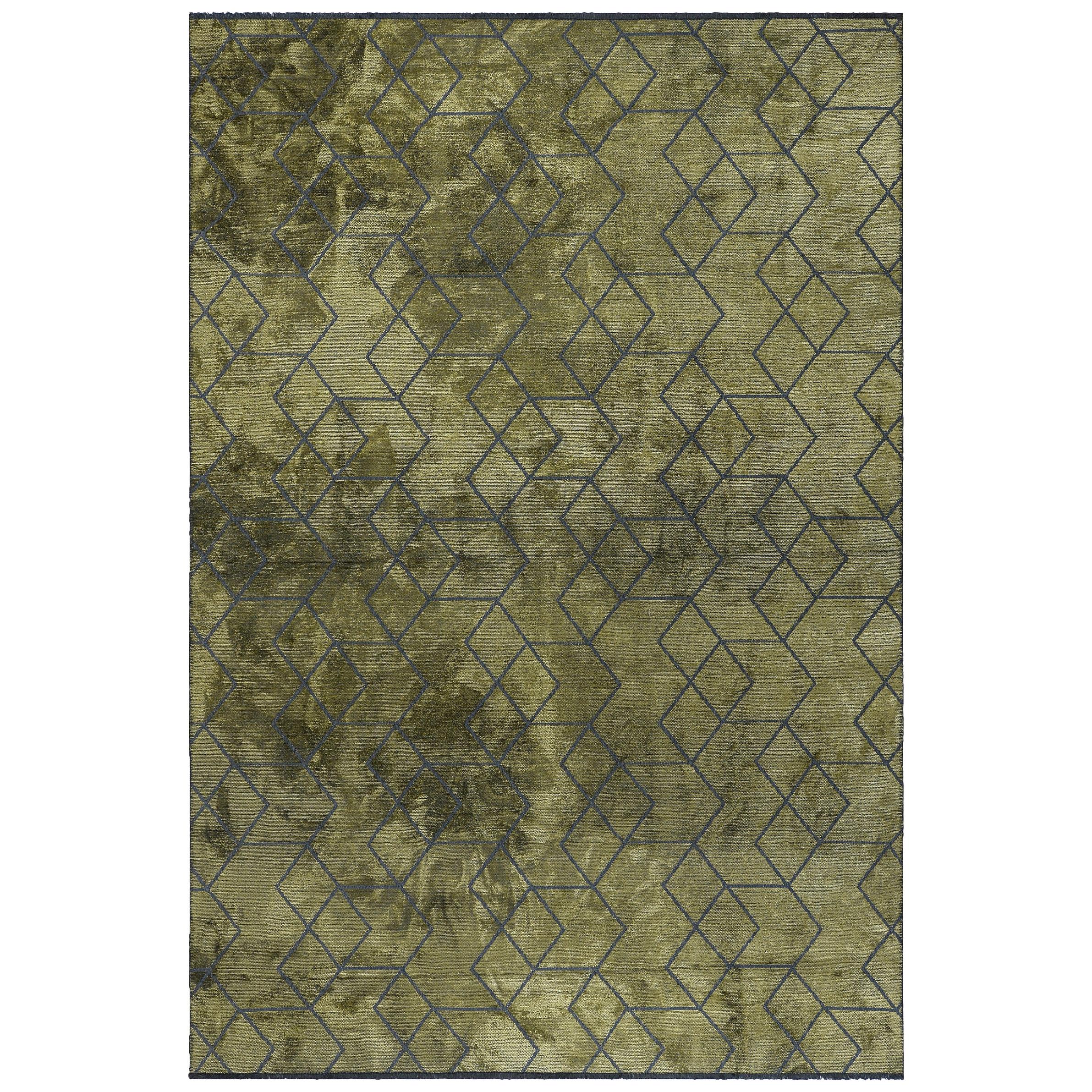 Tapis de luxe contemporain à motif géométrique en 3D vert olive et gris foncé