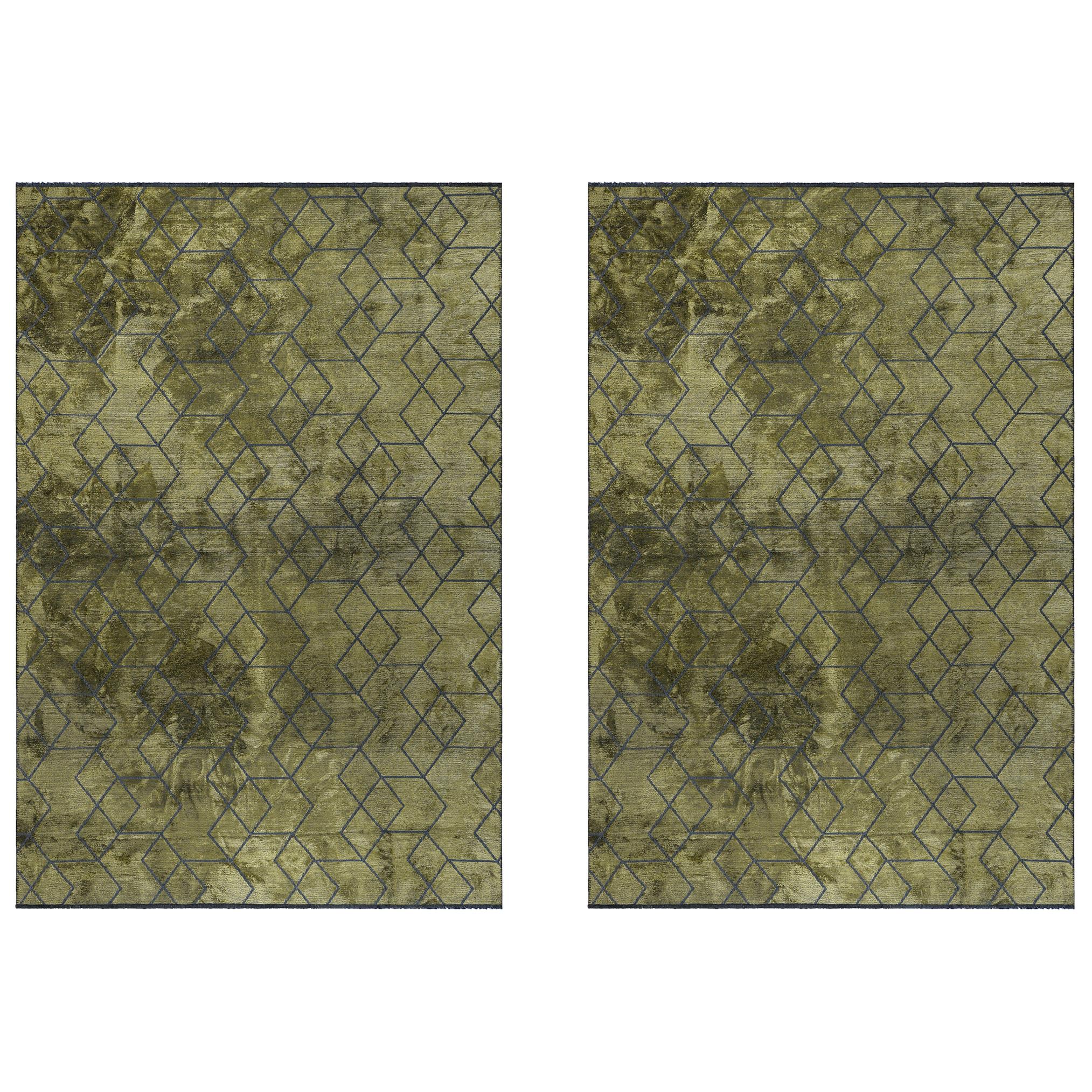 Pareja de Alfombras Suaves de Lujo con Diseño Geométrico 3D Contemporáneo en Verde Oliva y Gris Oscuro