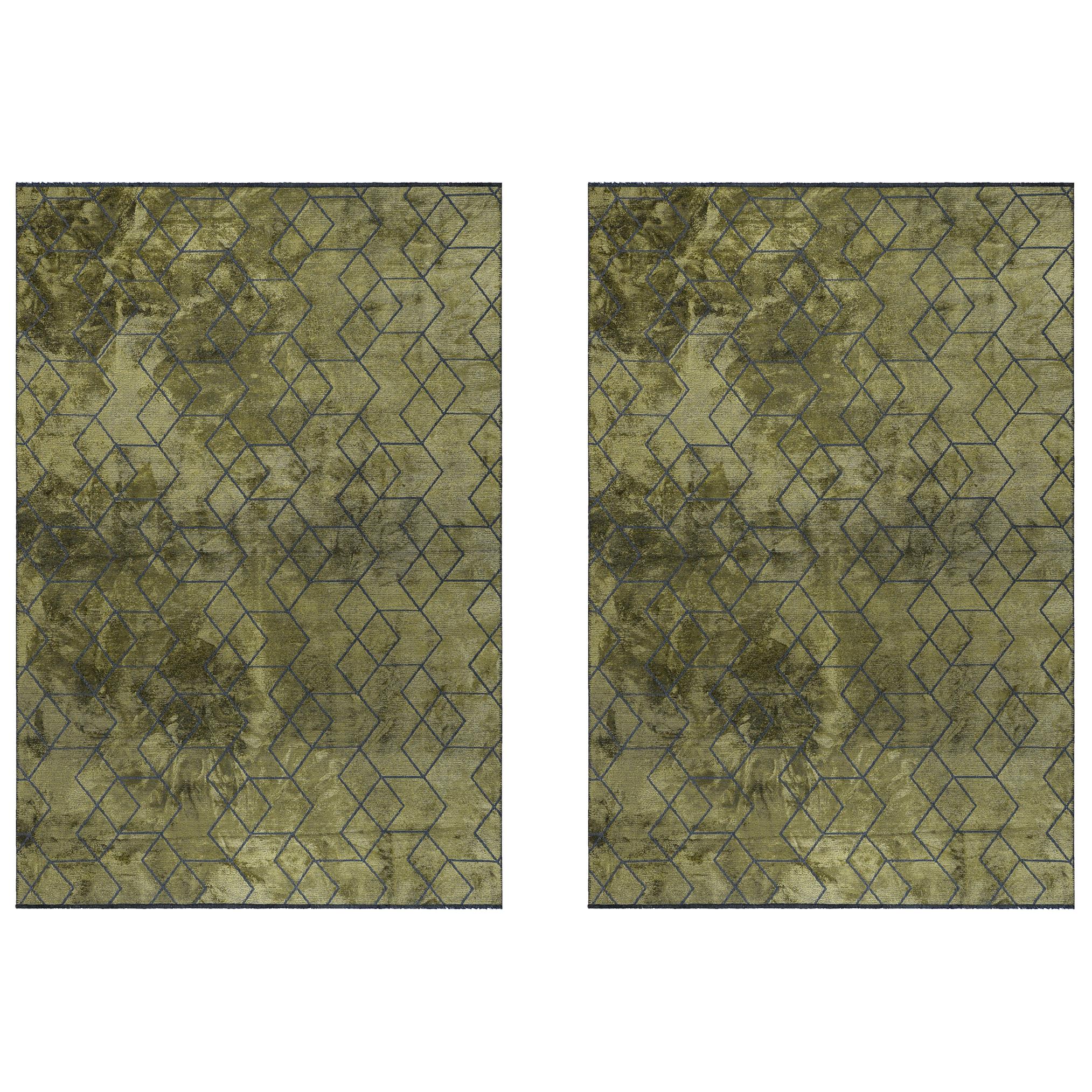 Paire de tapis souples contemporains géométriques en 3D, vert olive et gris foncé