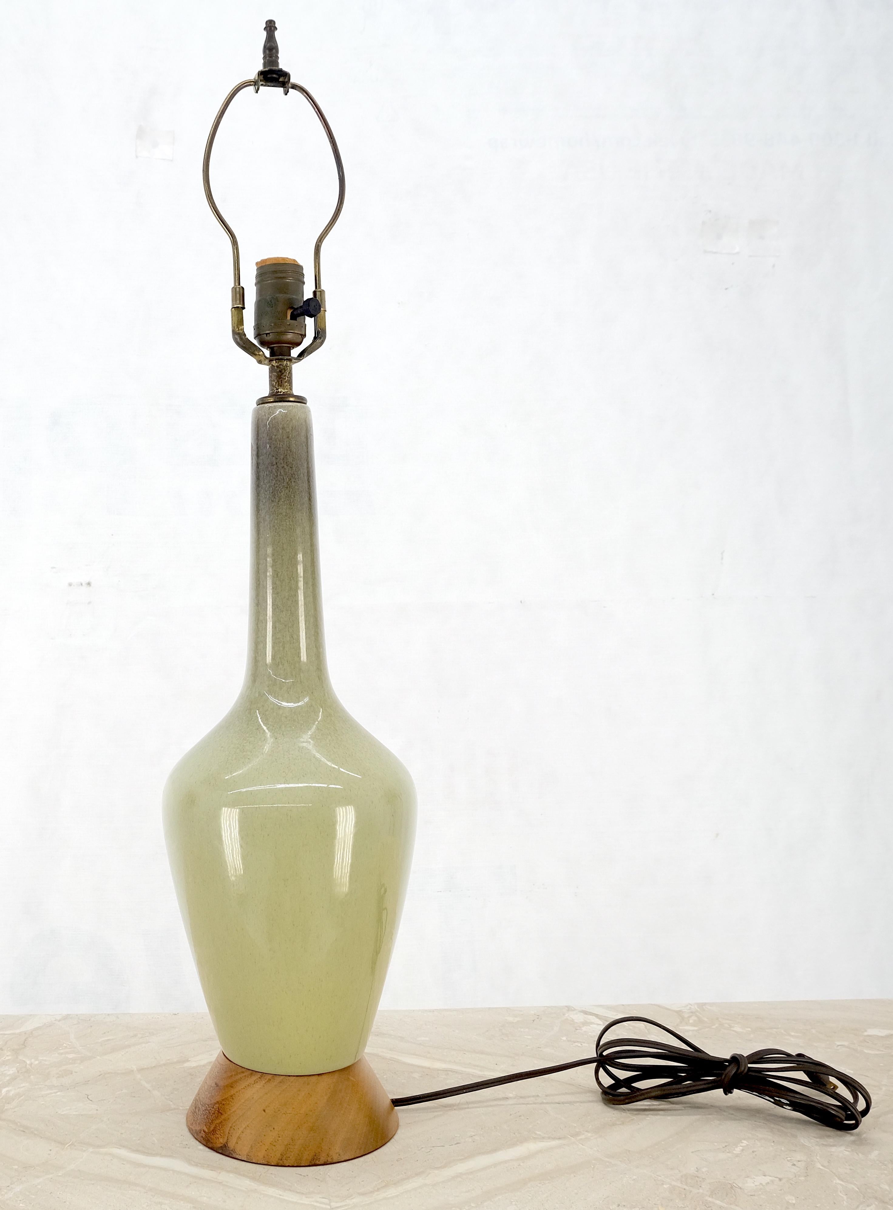 American Olive Green Art Pottery Ceramic Vase Shape Table Lamp Turned Walnut Base MINT For Sale
