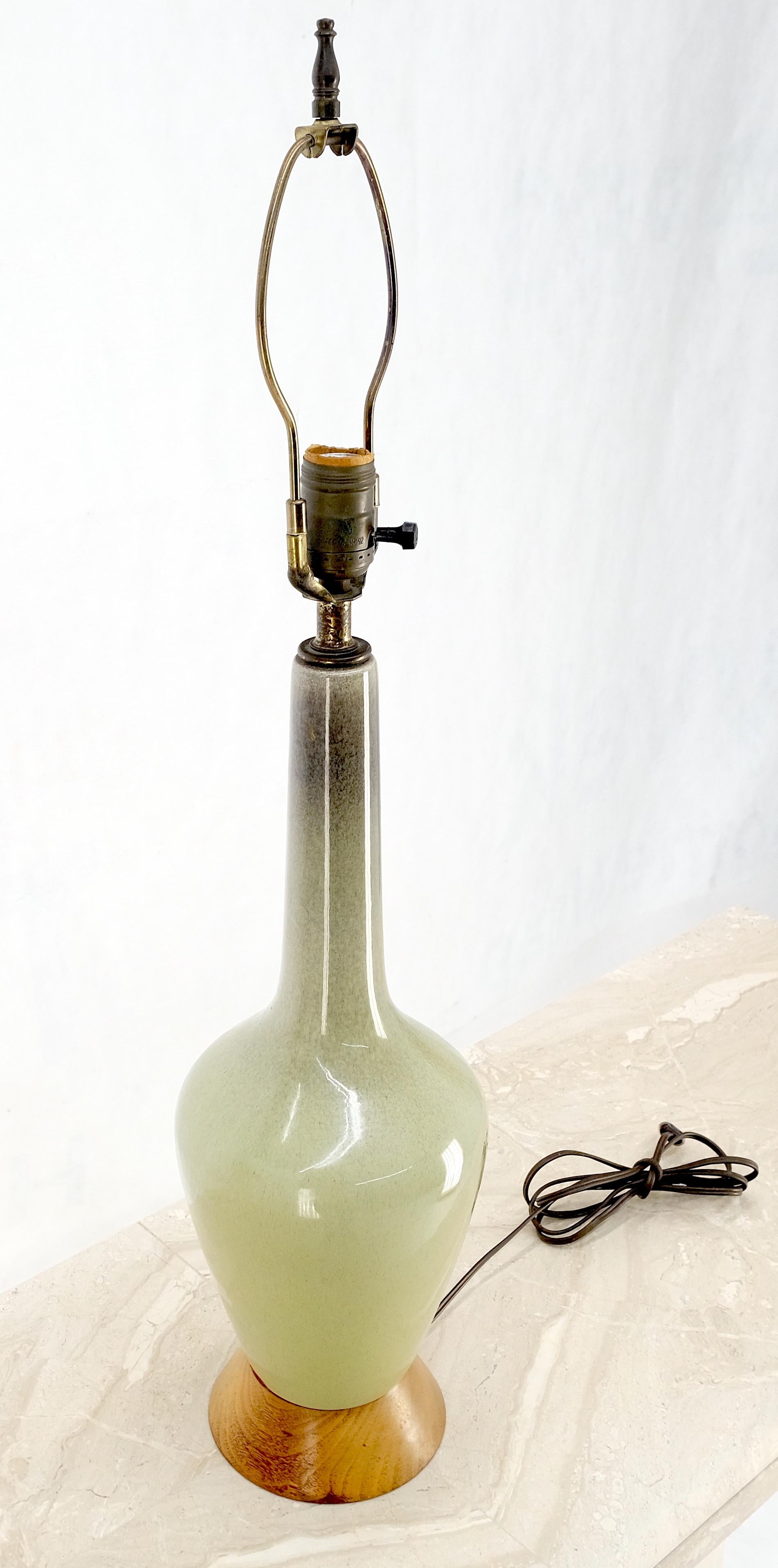 20th Century Olive Green Art Pottery Ceramic Vase Shape Table Lamp Turned Walnut Base MINT For Sale