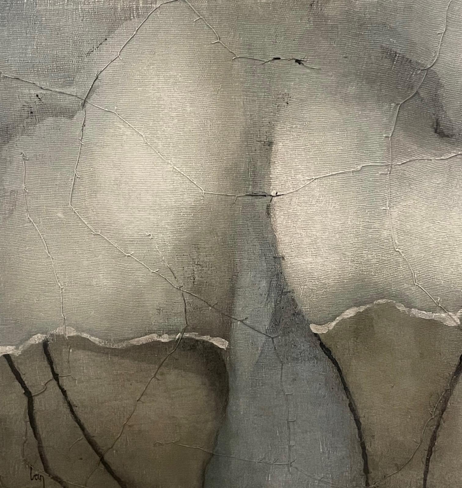 Contemporary Belgian artist Diane Petry creates her own three layer canvas using pima cotton, gauze and fine paper.
Raw edges and applied threads add texture and dimension.
Colors are olive green, blue and cream.
All artwork can be commissioned