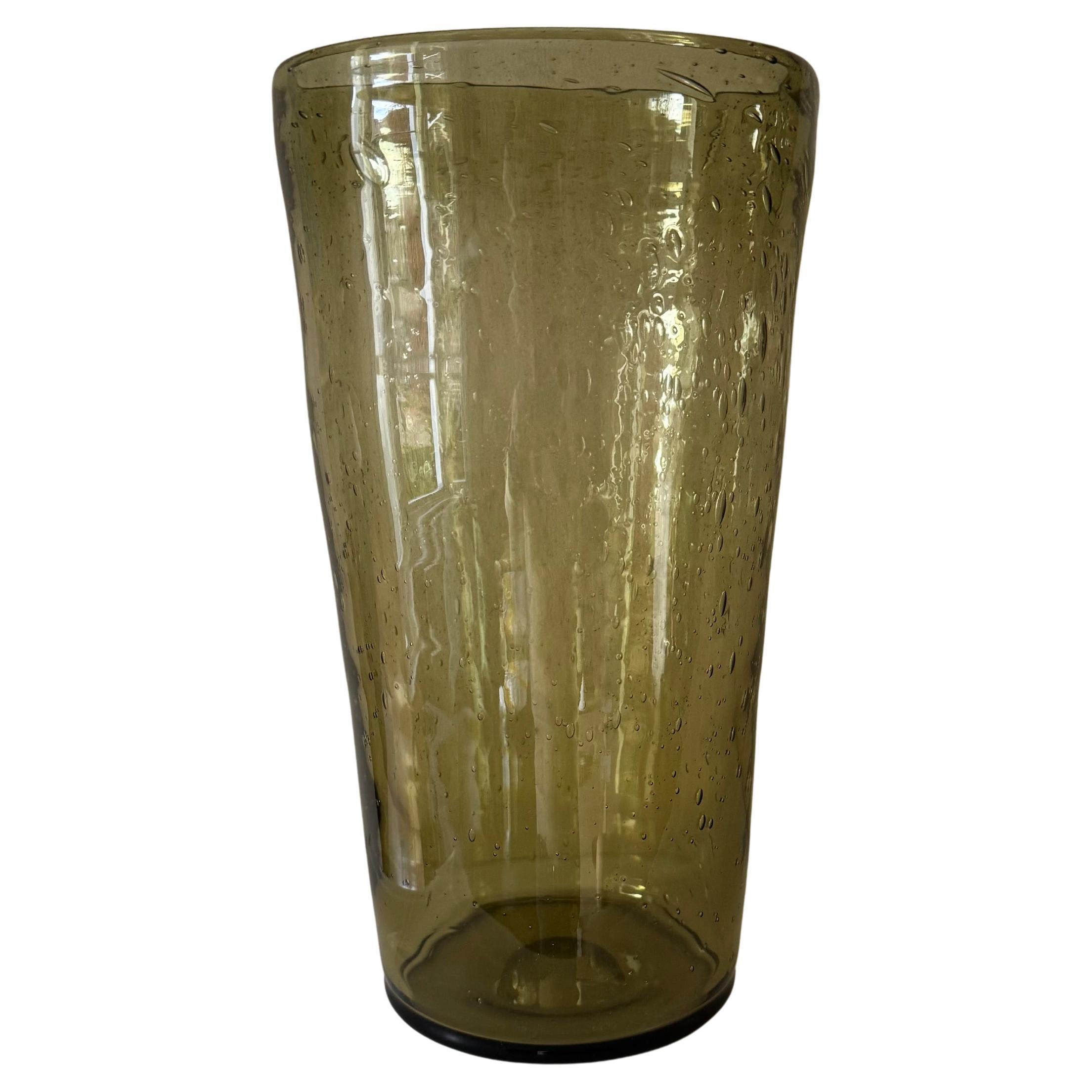 1960s Olive Green Handblown Bubble Glass Vase by Biot, France