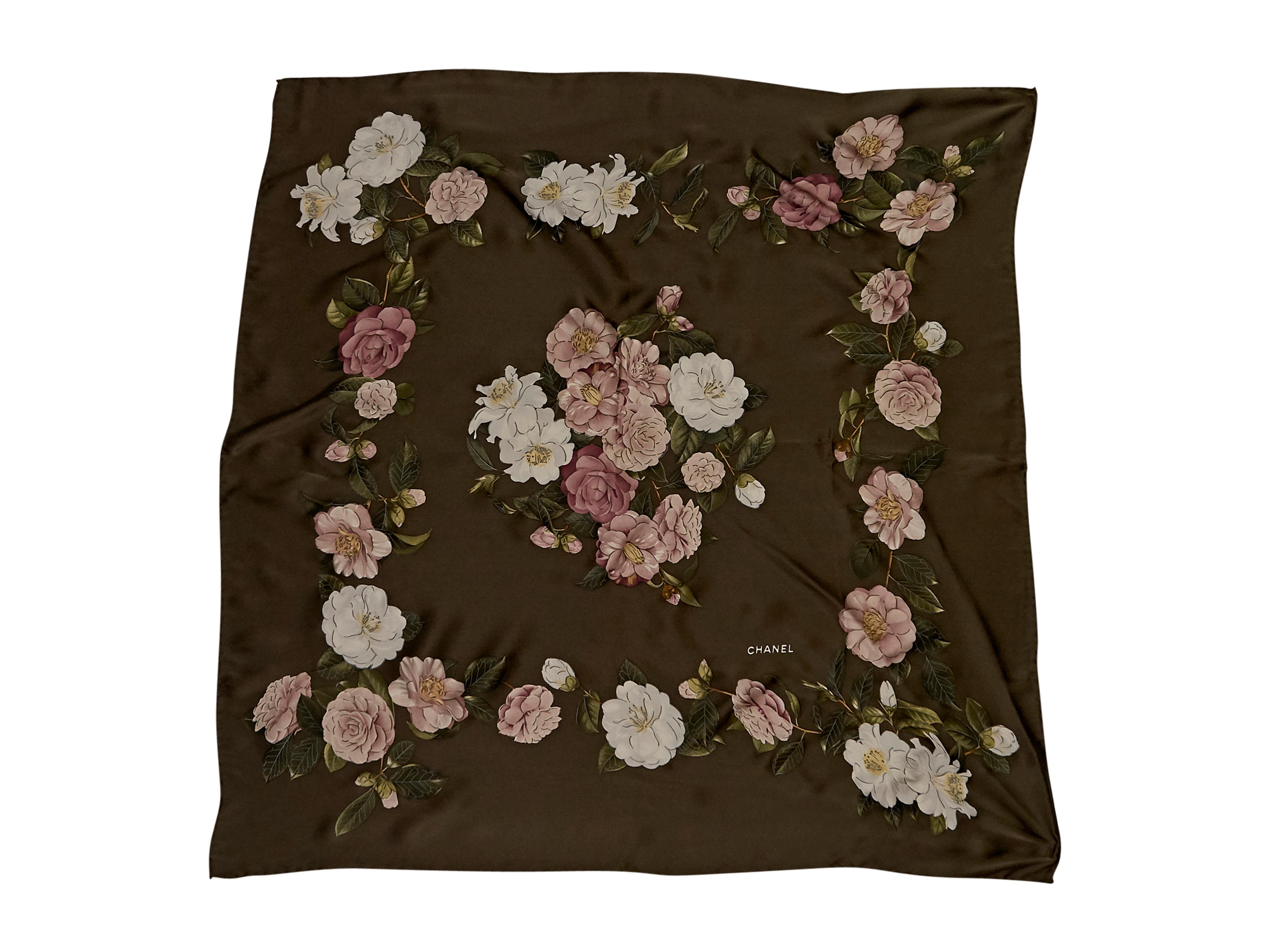 Product details:  Olive green floral printed silk scarf by Chanel. Style with a shirt dress. 34.5