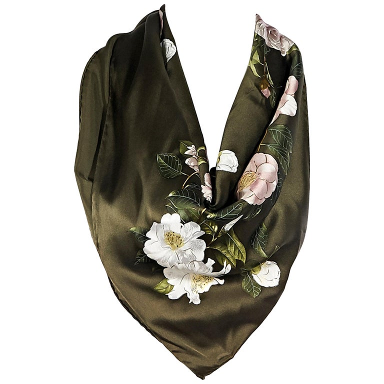 Chanel Olive Green Silk Floral-Printed Scarf