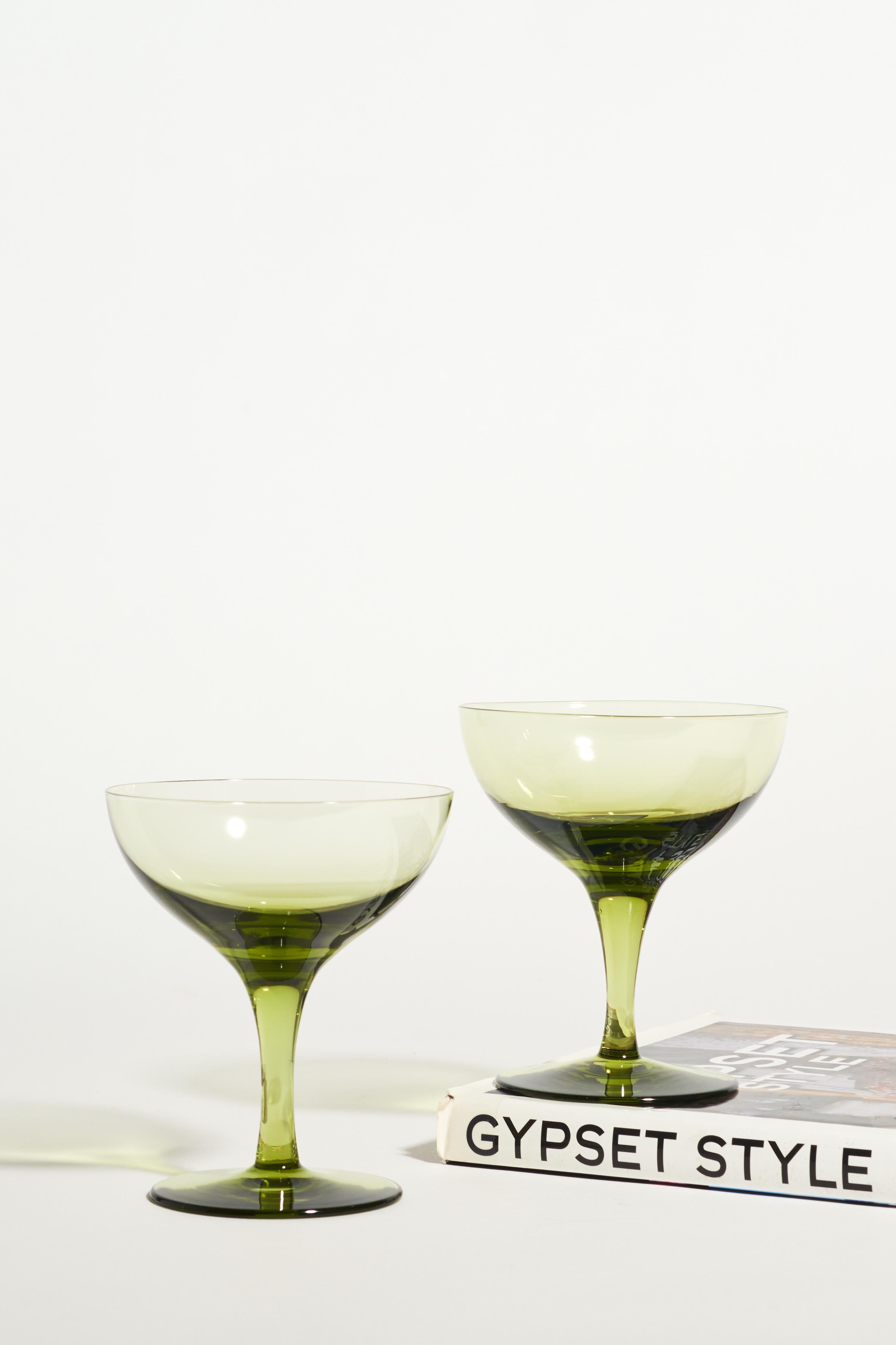 Olive Green Coupe Cocktail Glasses Set of Four In Excellent Condition In New York, NY