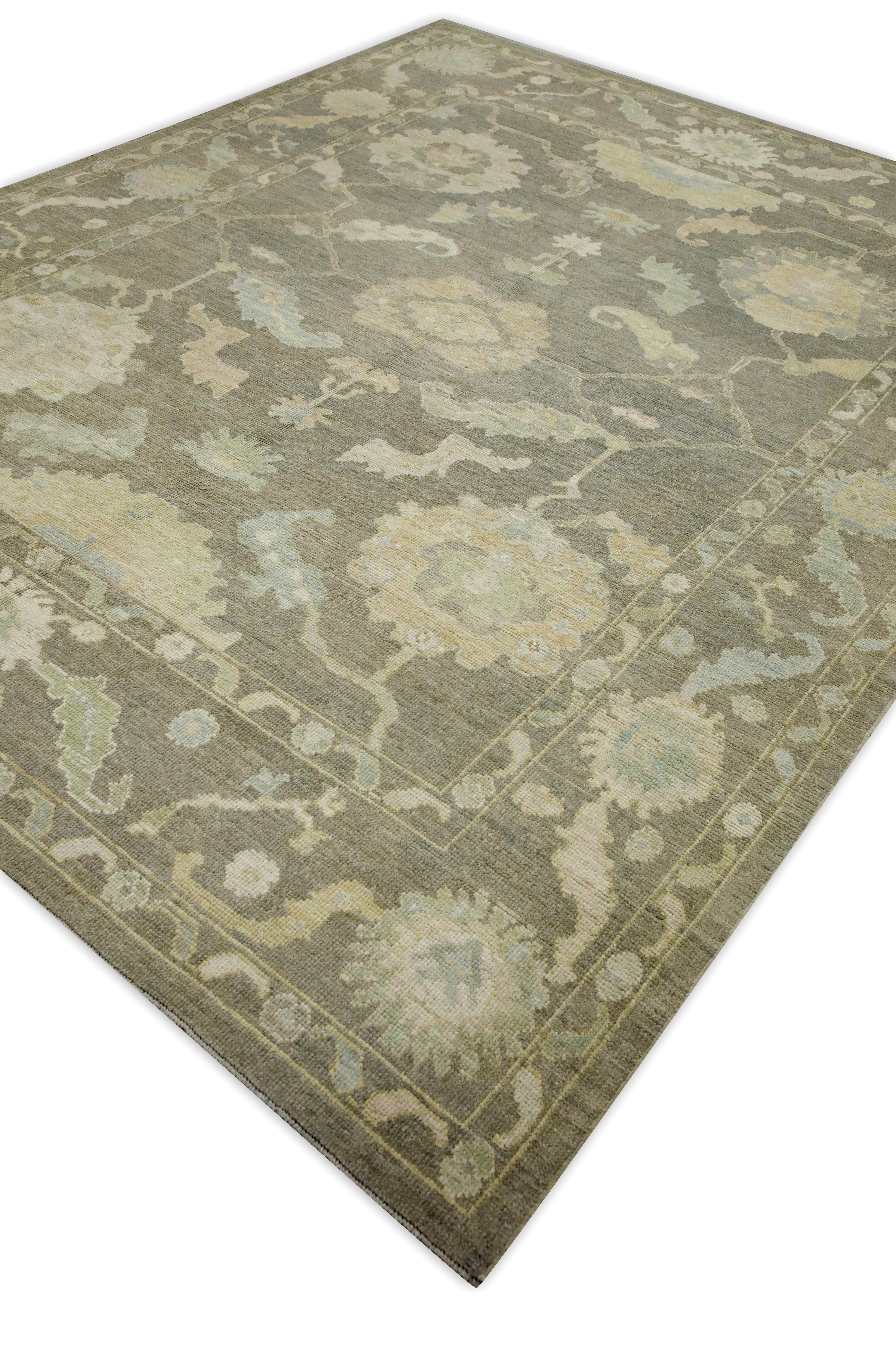 Contemporary Olive Green Floral Design Handwoven Wool Turkish Oushak Rug 8'2