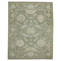 Olive Green Floral Design Handwoven Wool Turkish Oushak Rug 8'2" x 10'2"