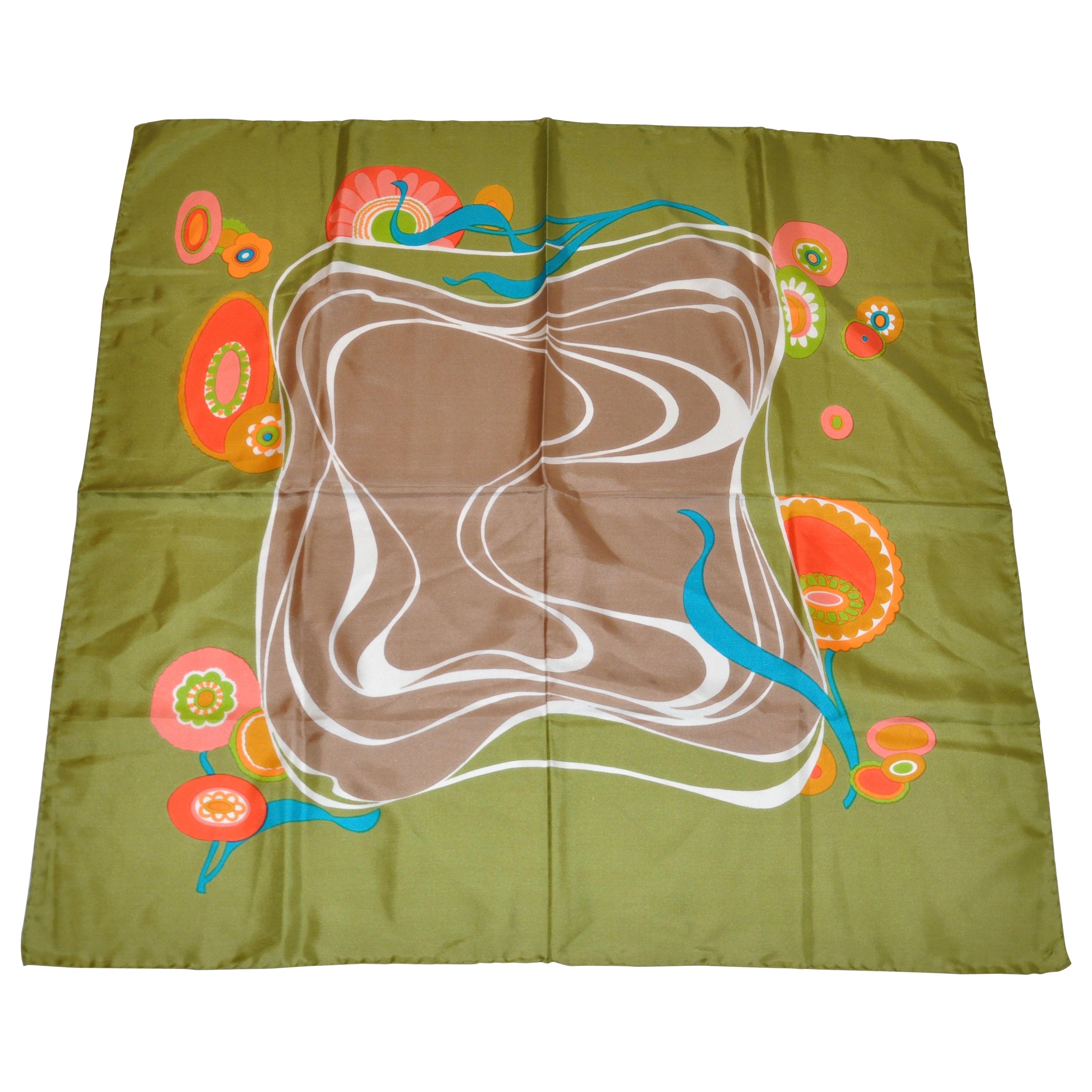 Olive-Green "Flowing Florals" Silk Scarf