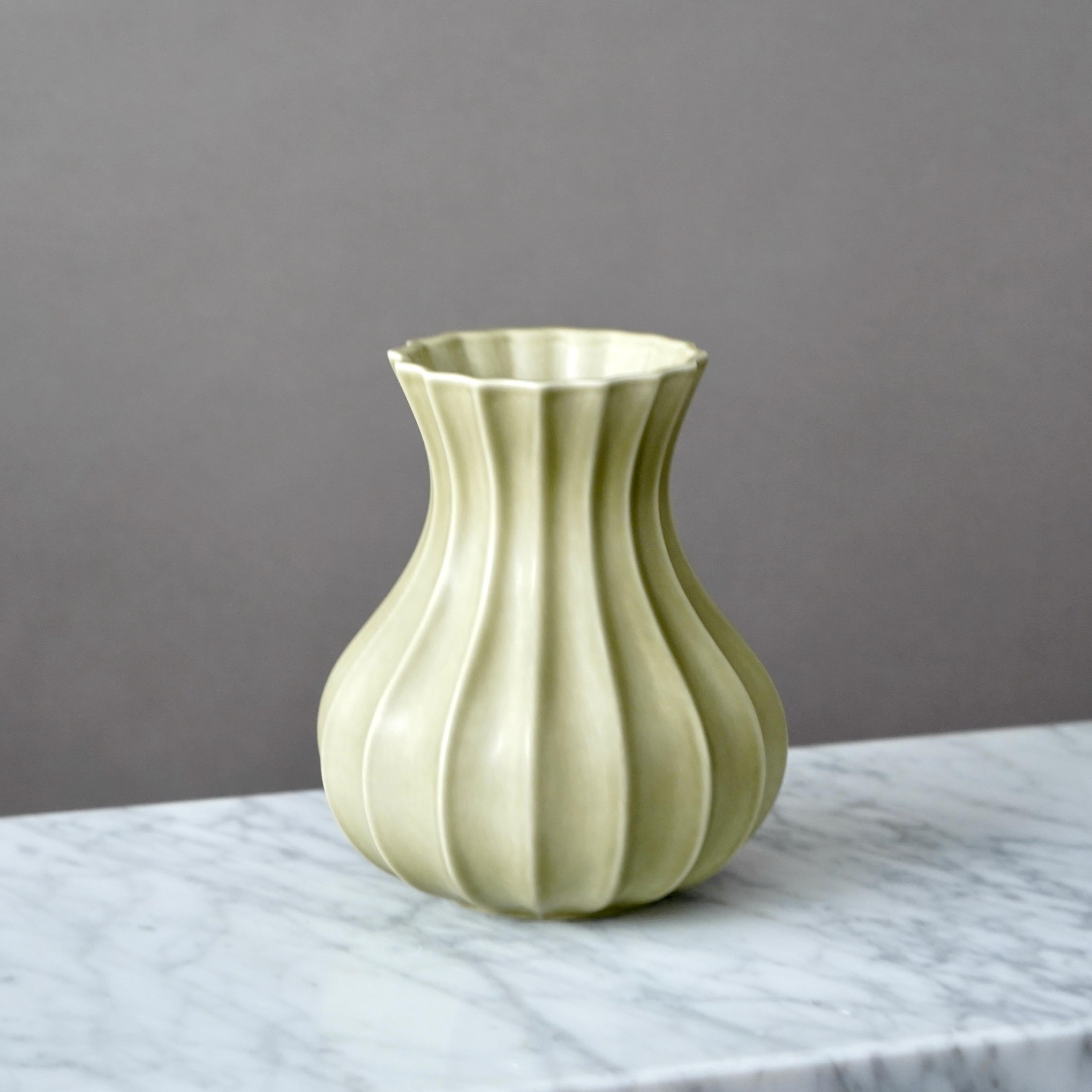 Scandinavian Modern Olive Green Fluted Ceramic Vase by Pia Rönndahl for Rorstrand, Sweden, 1980s For Sale