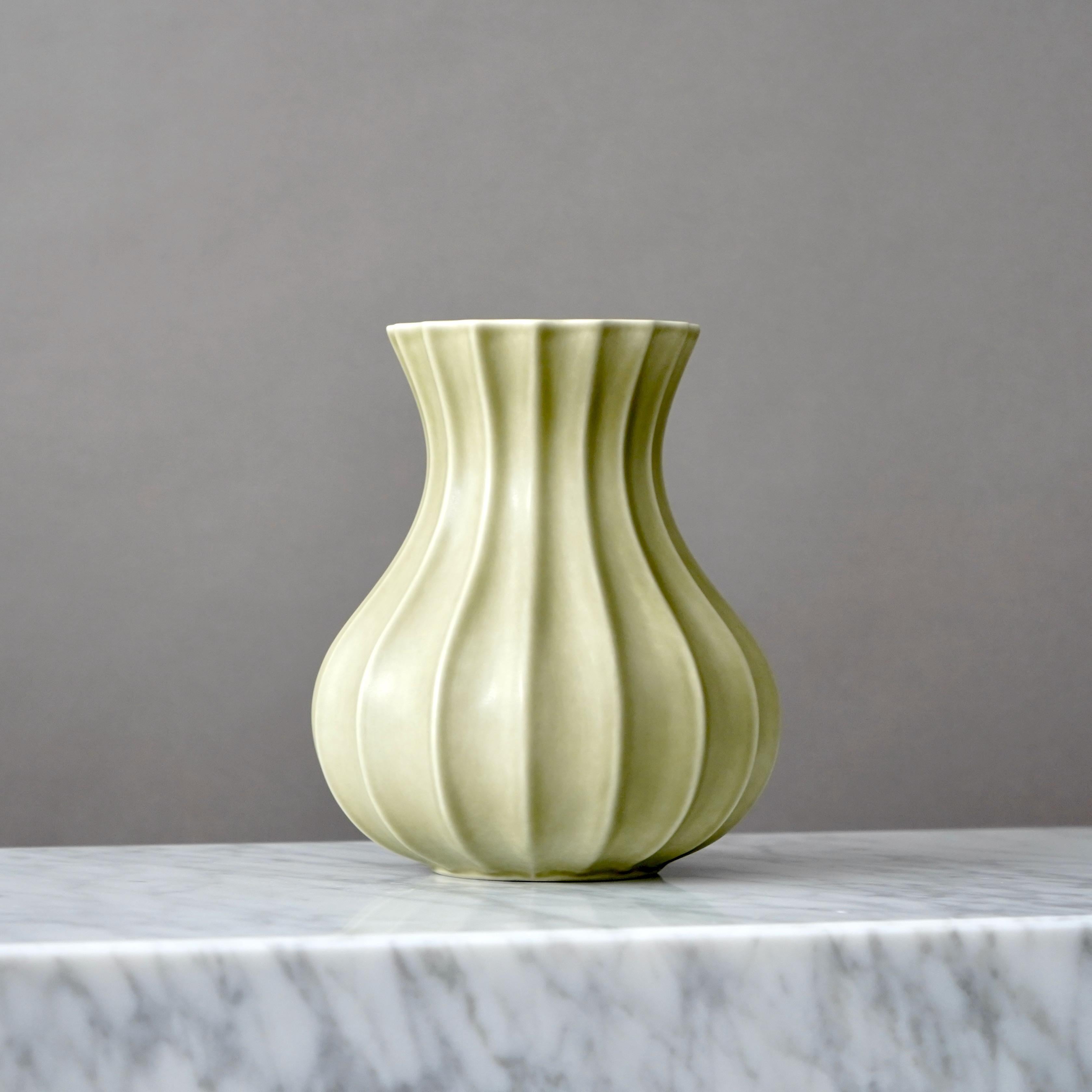 Swedish Olive Green Fluted Ceramic Vase by Pia Rönndahl for Rorstrand, Sweden, 1980s For Sale