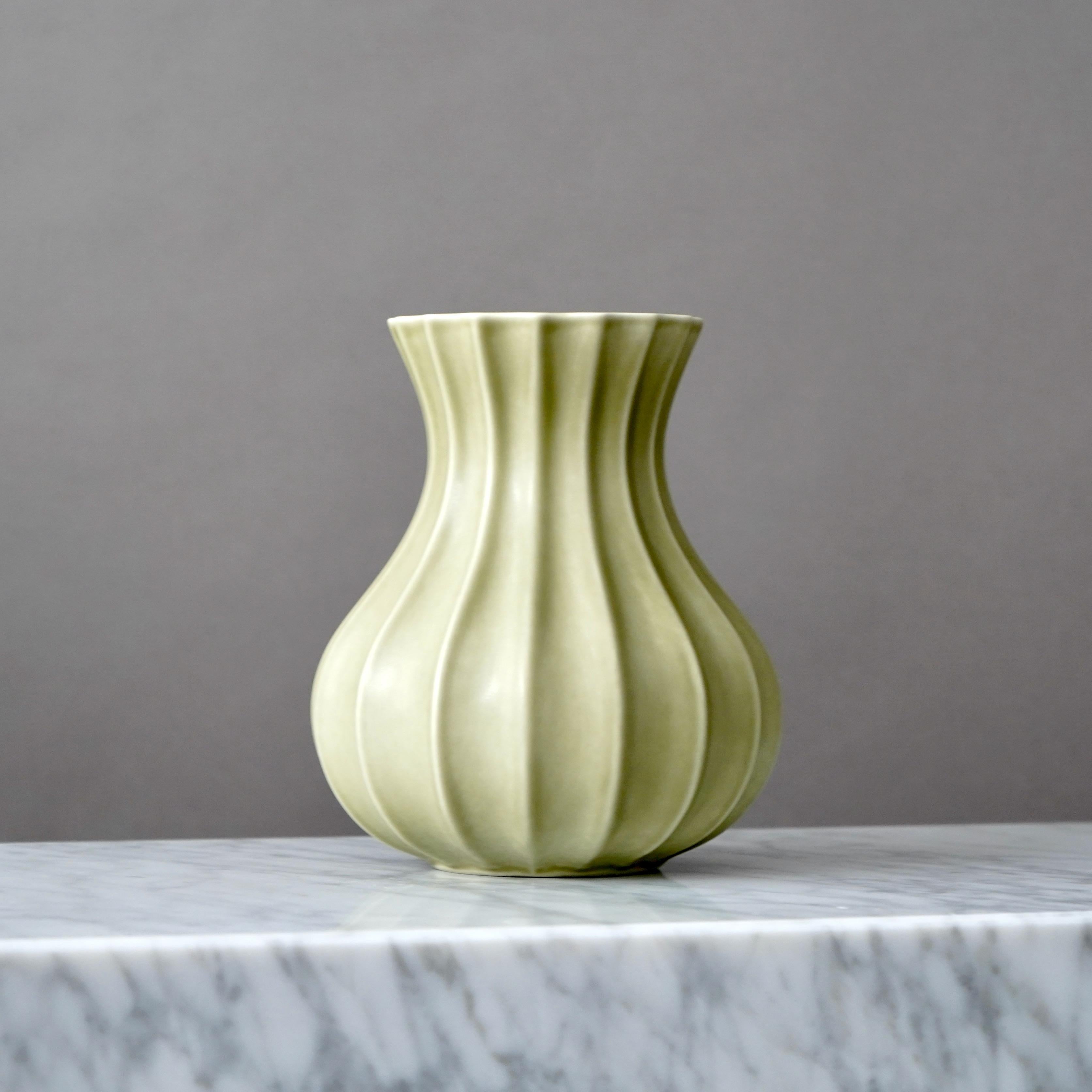 Glazed Olive Green Fluted Ceramic Vase by Pia Rönndahl for Rorstrand, Sweden, 1980s For Sale