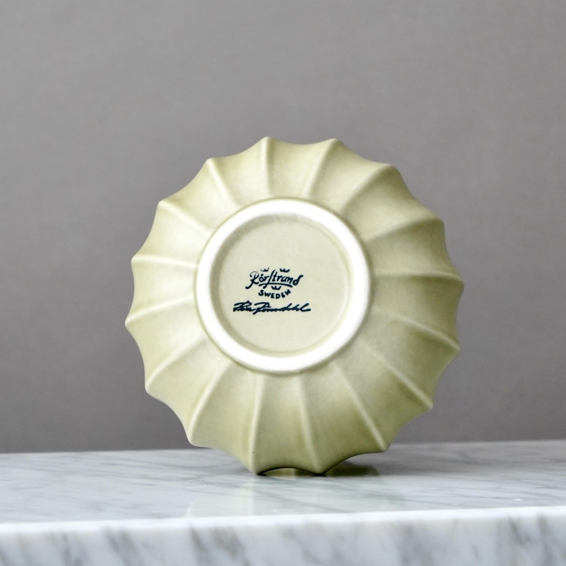 Late 20th Century Olive Green Fluted Ceramic Vase by Pia Rönndahl for Rorstrand, Sweden, 1980s For Sale