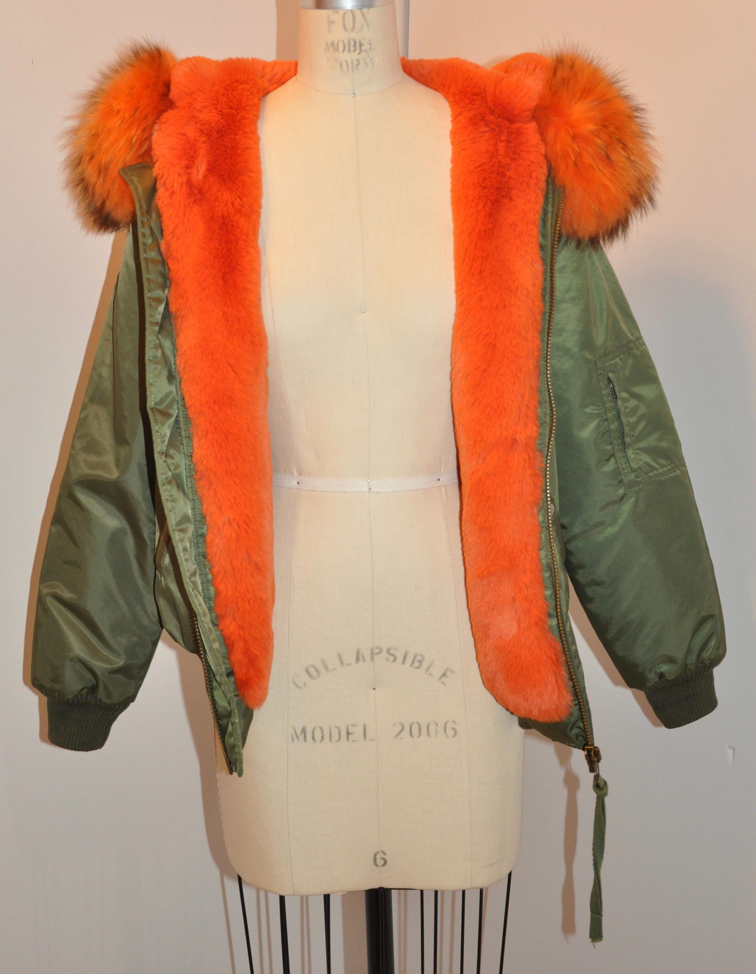 Olive Green Fully Lined with Tangerine Fox and Sheared Mink Hooded Zipper Jacket For Sale 3
