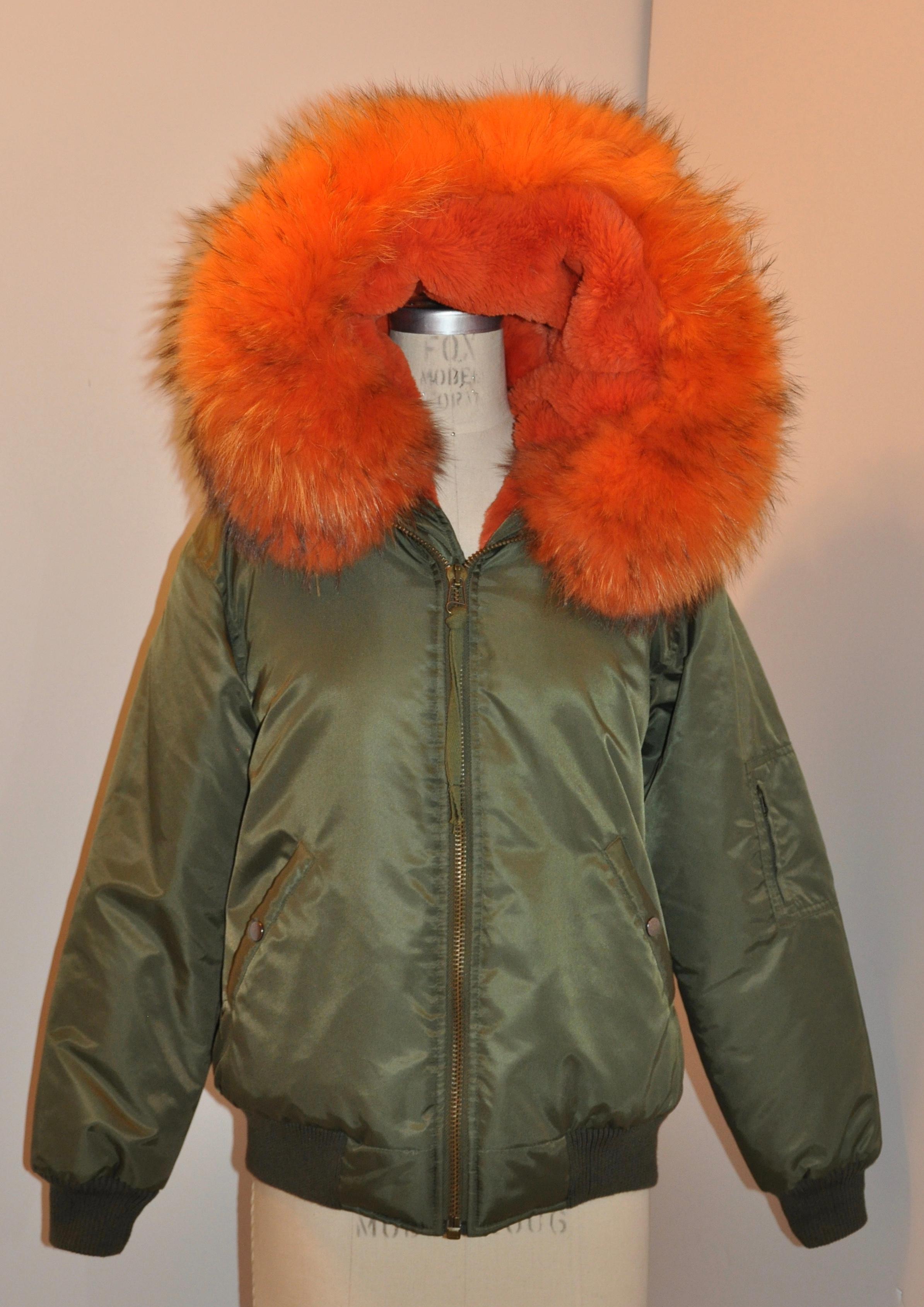 Olive Green Fully Lined with Tangerine Fox and Sheared Mink Hooded Zipper Jacket For Sale 6