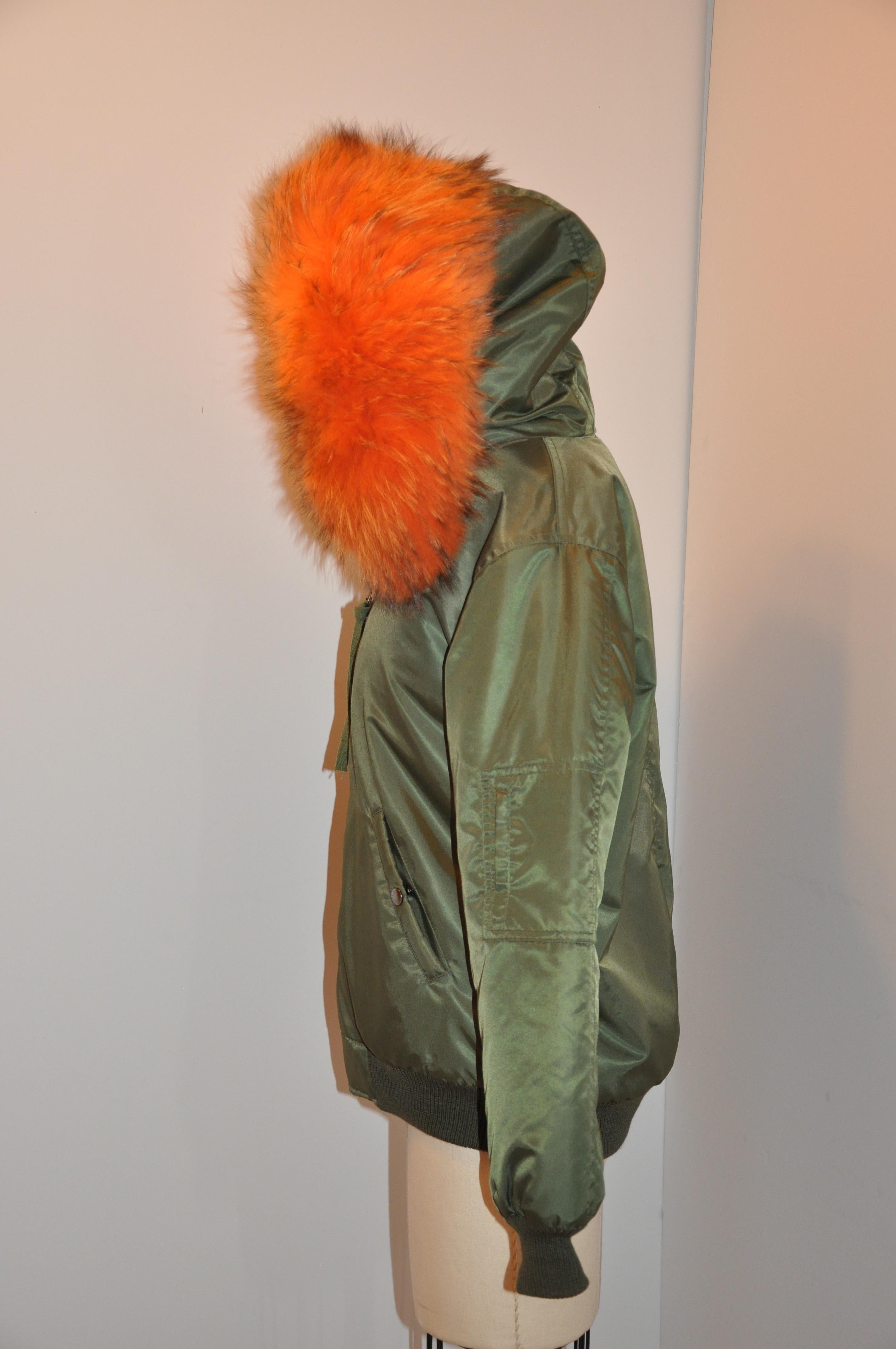 Olive Green Fully Lined with Tangerine Fox and Sheared Mink Hooded Zipper Jacket For Sale 7