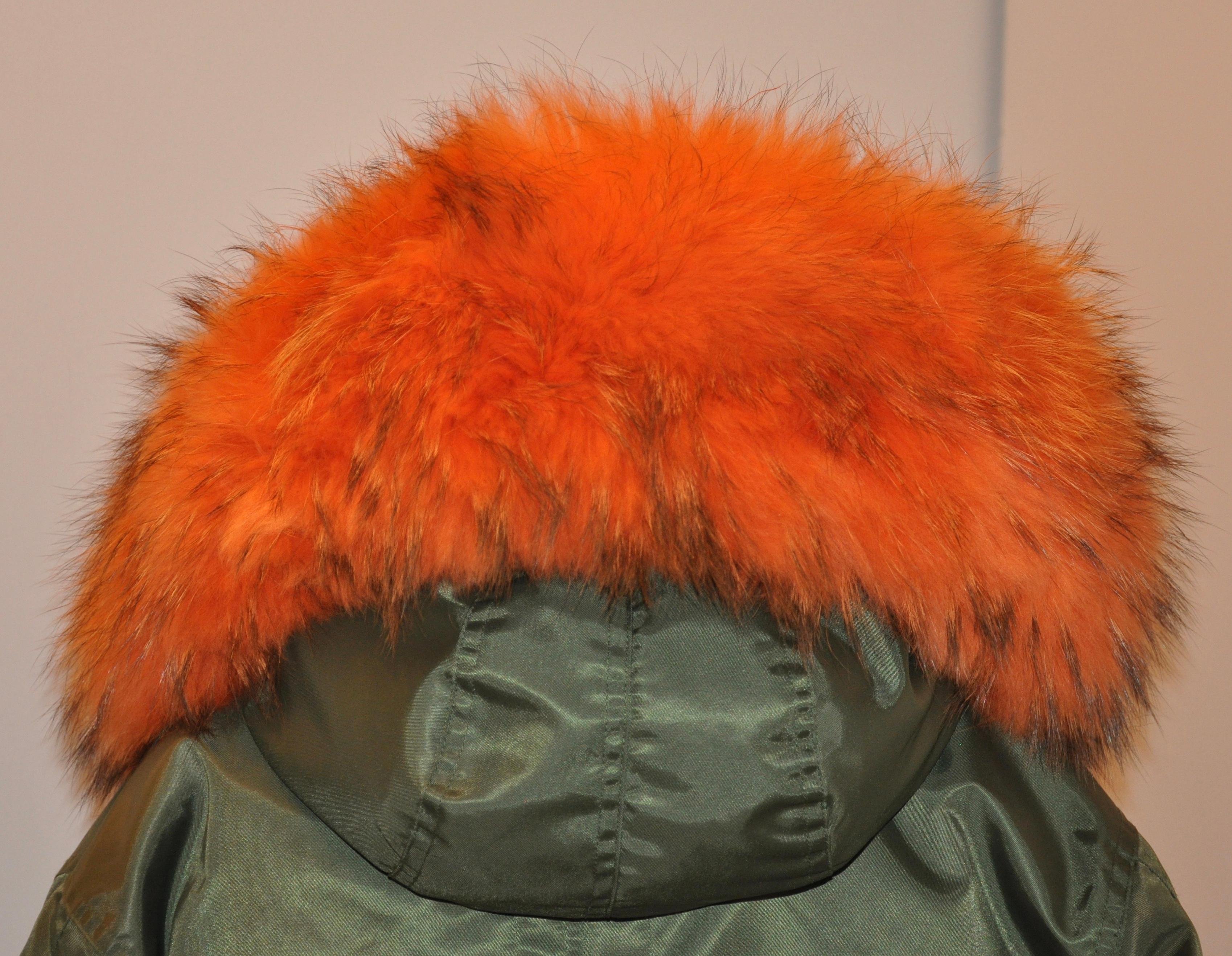 Olive Green Fully Lined with Tangerine Fox and Sheared Mink Hooded Zipper Jacket For Sale 9