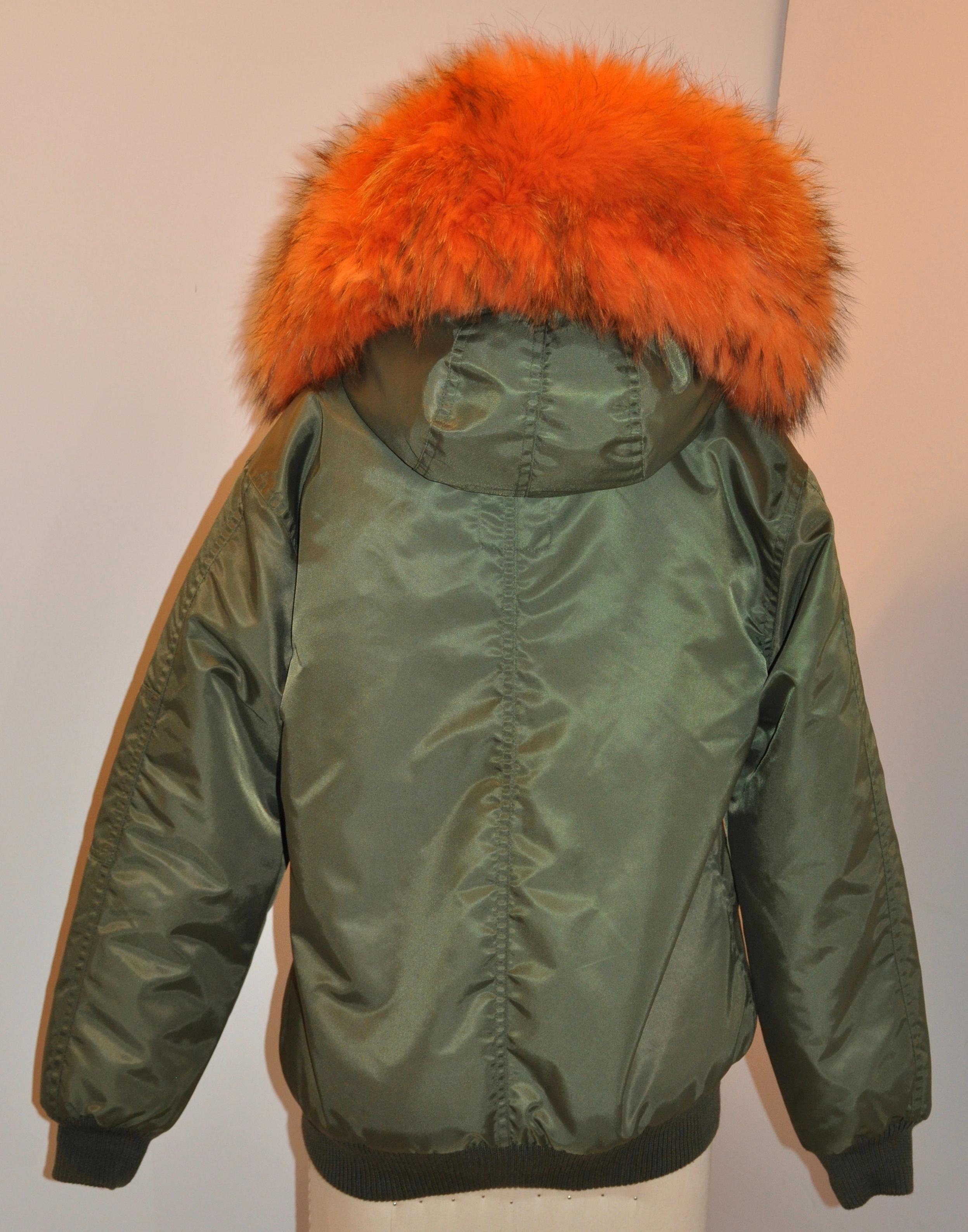 Orange Olive Green Fully Lined with Tangerine Fox and Sheared Mink Hooded Zipper Jacket For Sale
