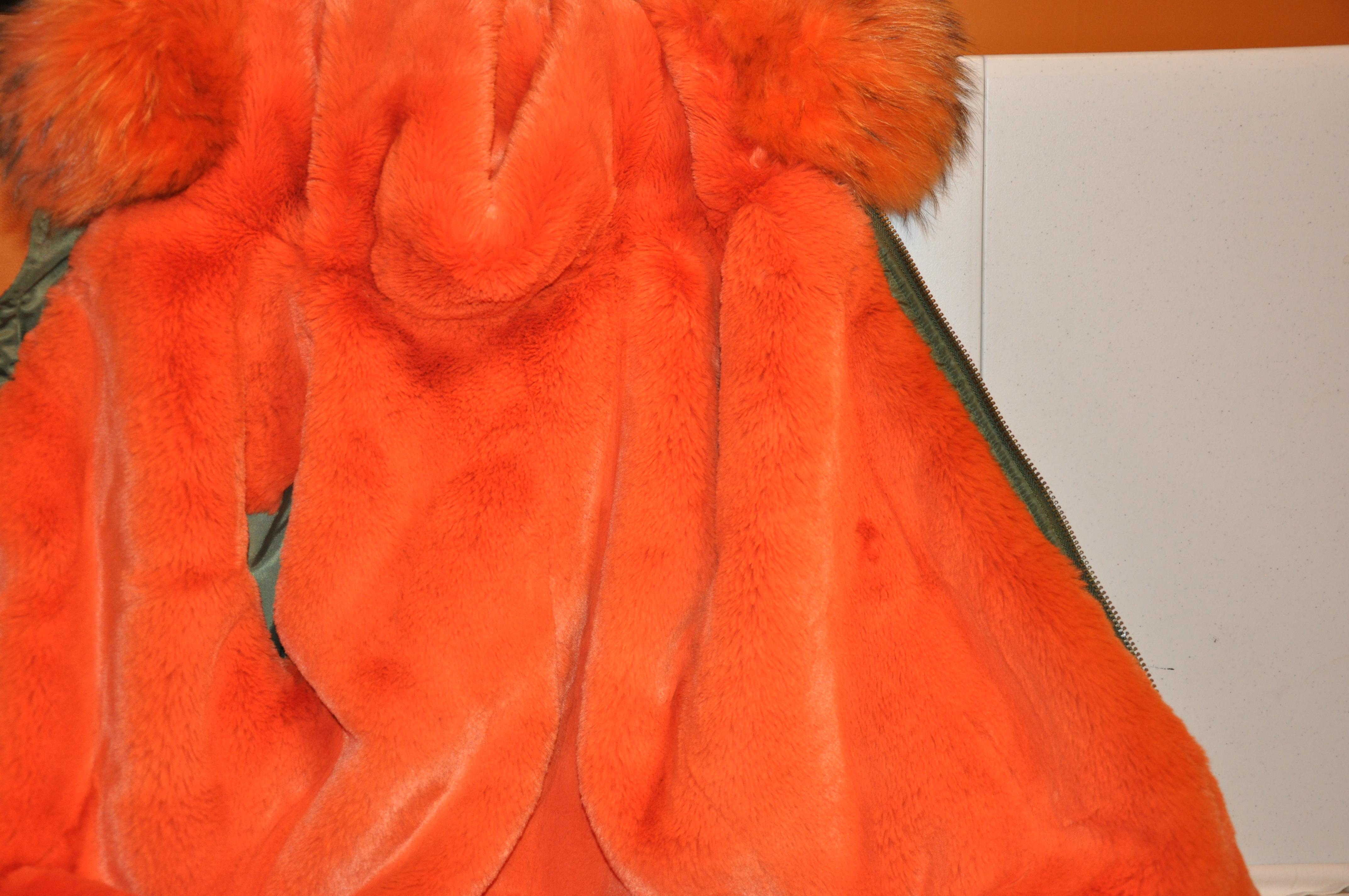 Olive Green Fully Lined with Tangerine Fox and Sheared Mink Hooded Zipper Jacket For Sale 1
