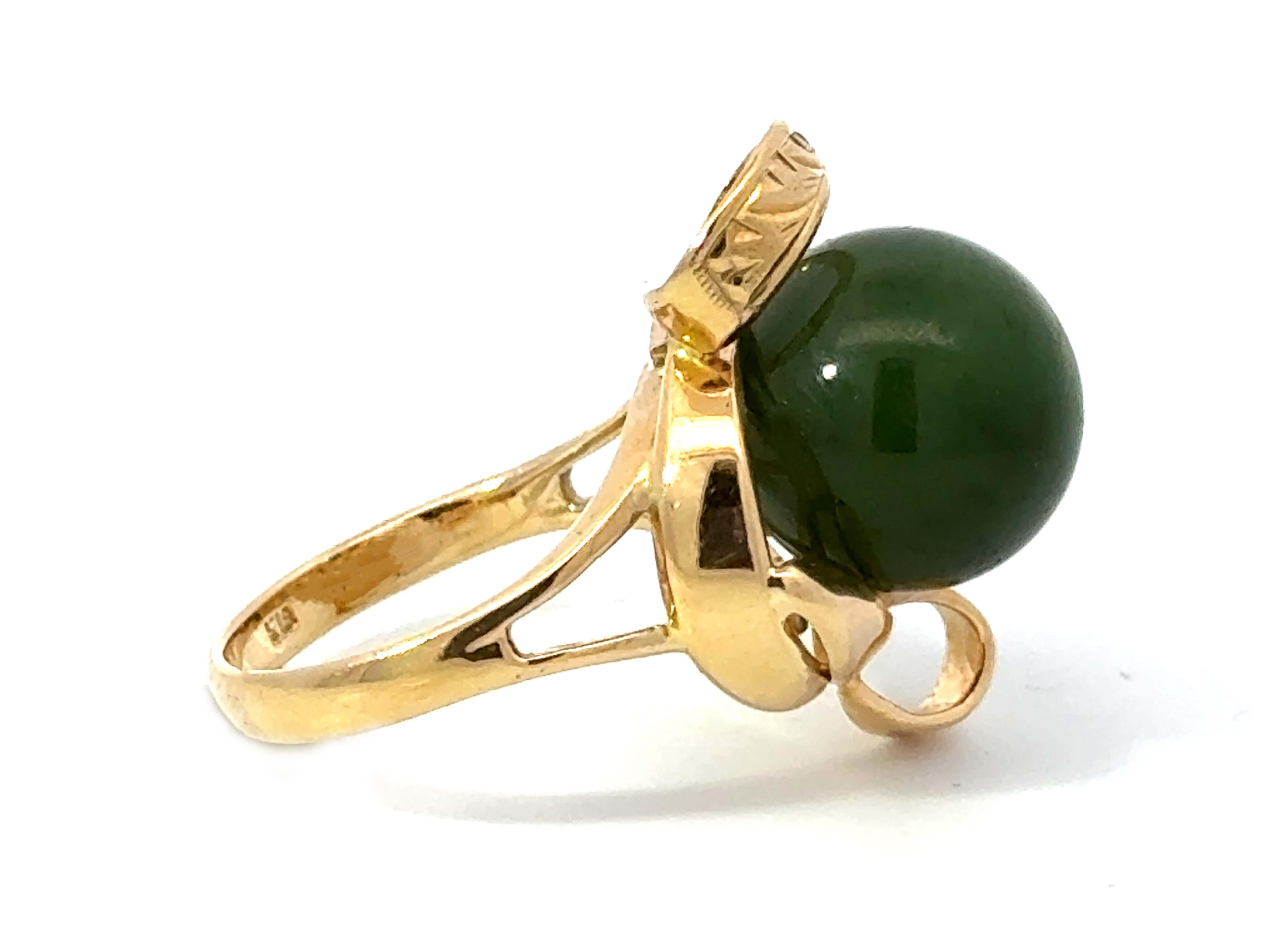 Women's or Men's Olive Green Jade Bead Ring 18k Yellow Gold For Sale