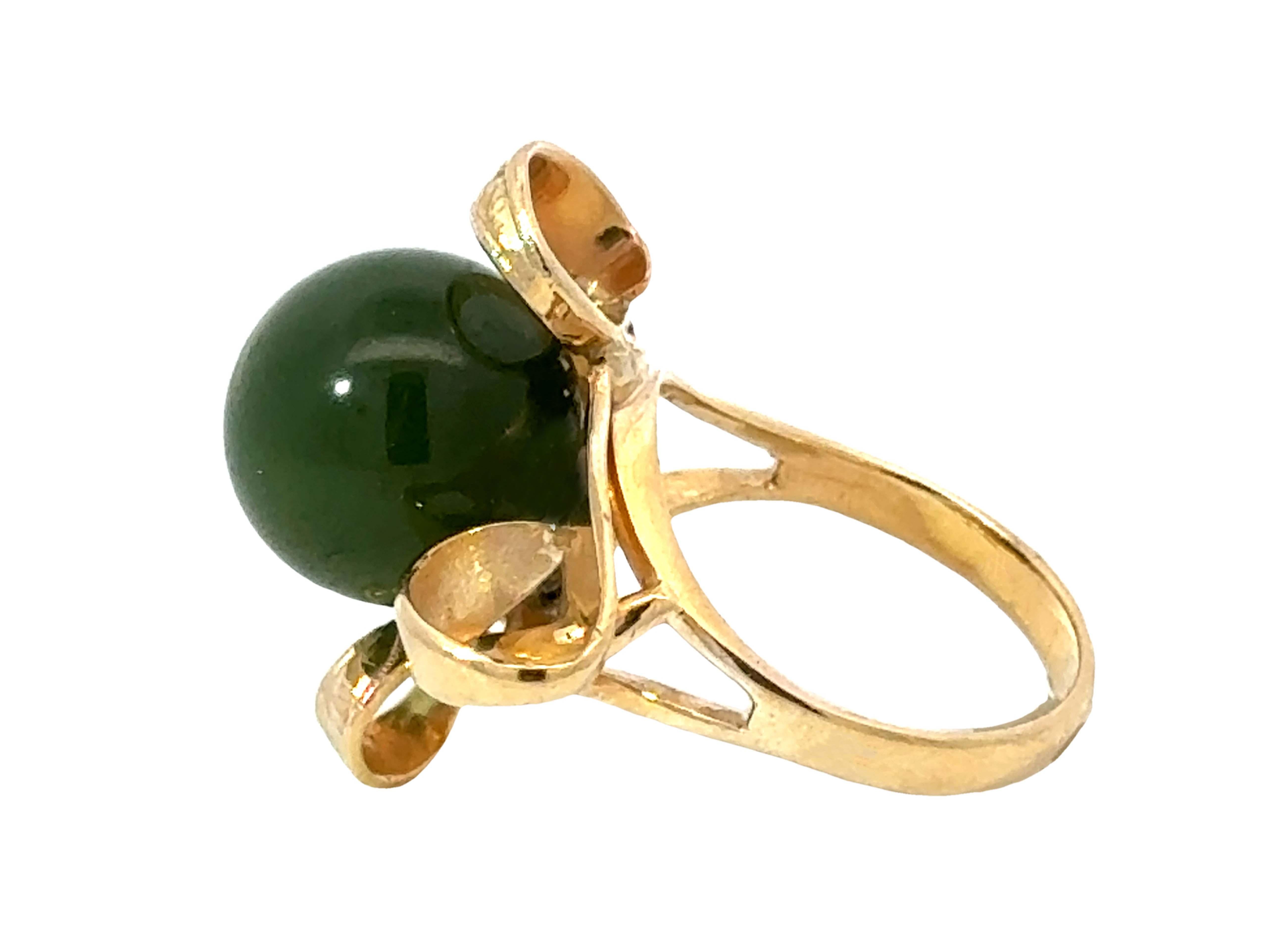 Olive Green Jade Bead Ring 18k Yellow Gold For Sale 1
