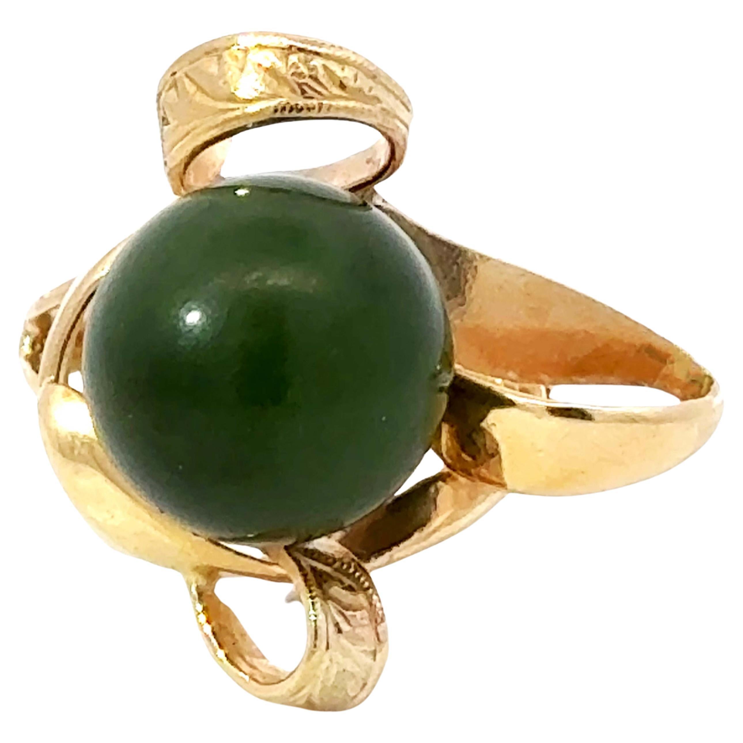 Olive Green Jade Bead Ring 18k Yellow Gold For Sale