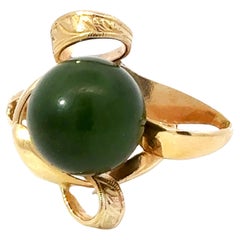 Vintage Olive Green Jade Bead Ring 18k Yellow Gold