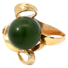 Olive Green Jade Bead Ring 18k Yellow Gold