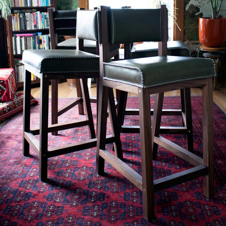 Olive Green Leather and Walnut Counter Height Stool For Sale at 1stDibs