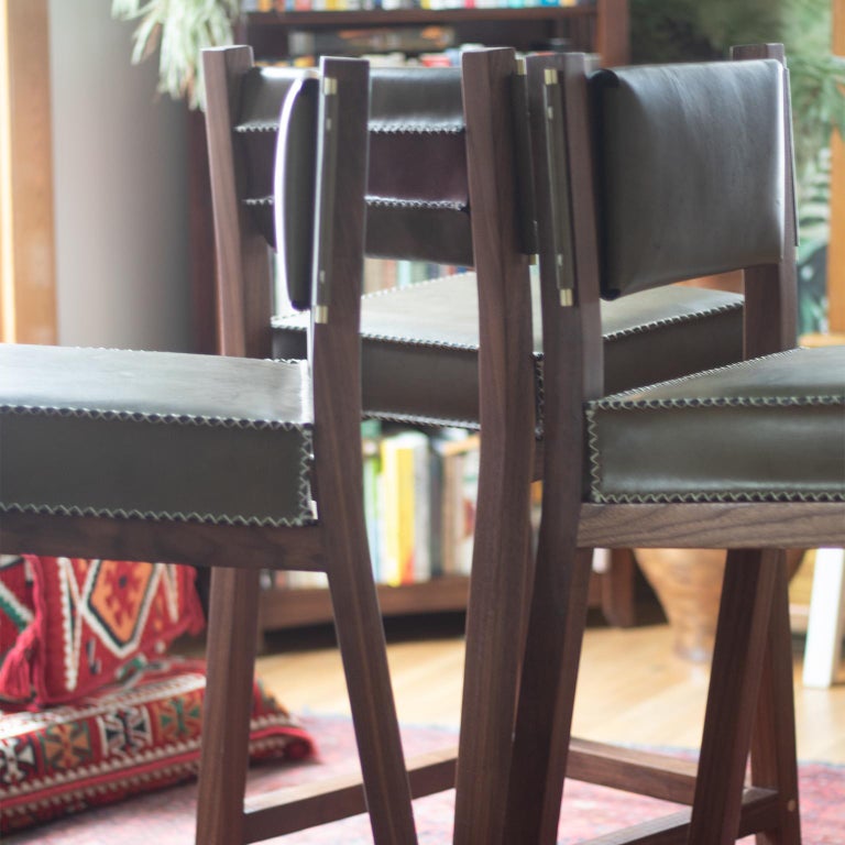 Olive Green Leather and Walnut Counter Height Stool For Sale at 1stDibs