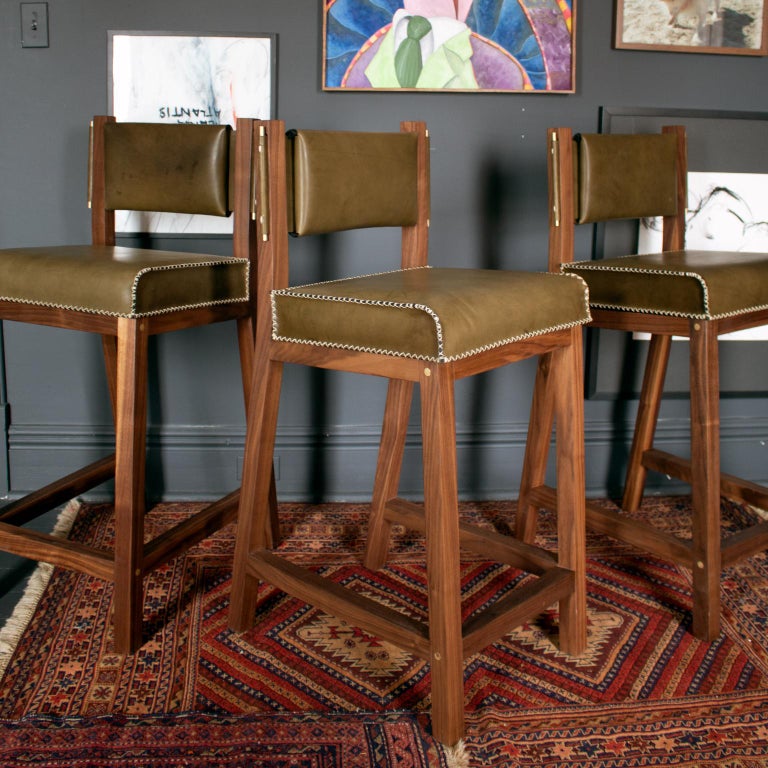 Olive Green Leather and Walnut Counter Height Stool For Sale at 1stDibs