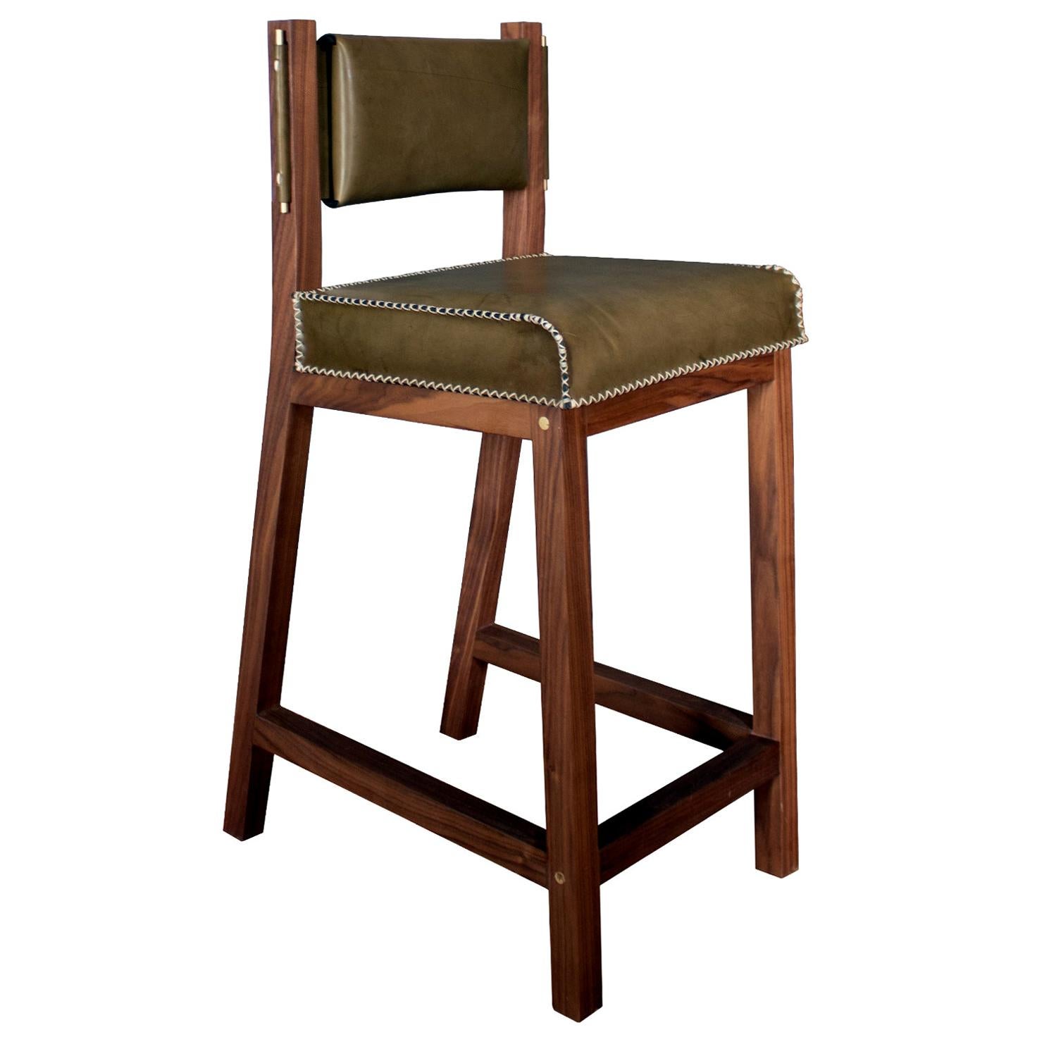 Olive Green Leather and Walnut Counter Height Stool For Sale