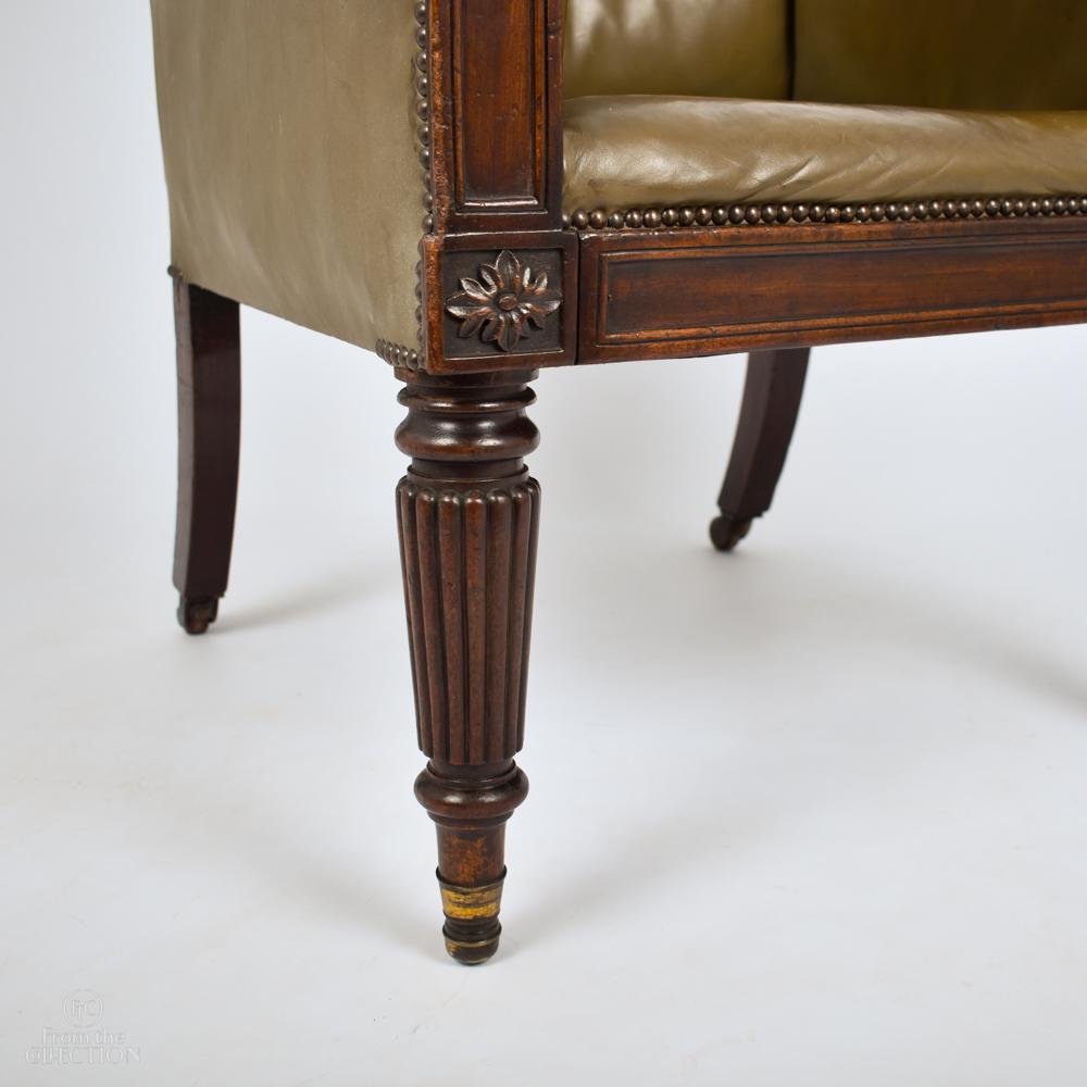 Carved Olive Green Leather Georgian Library Chair, circa 1820 For Sale
